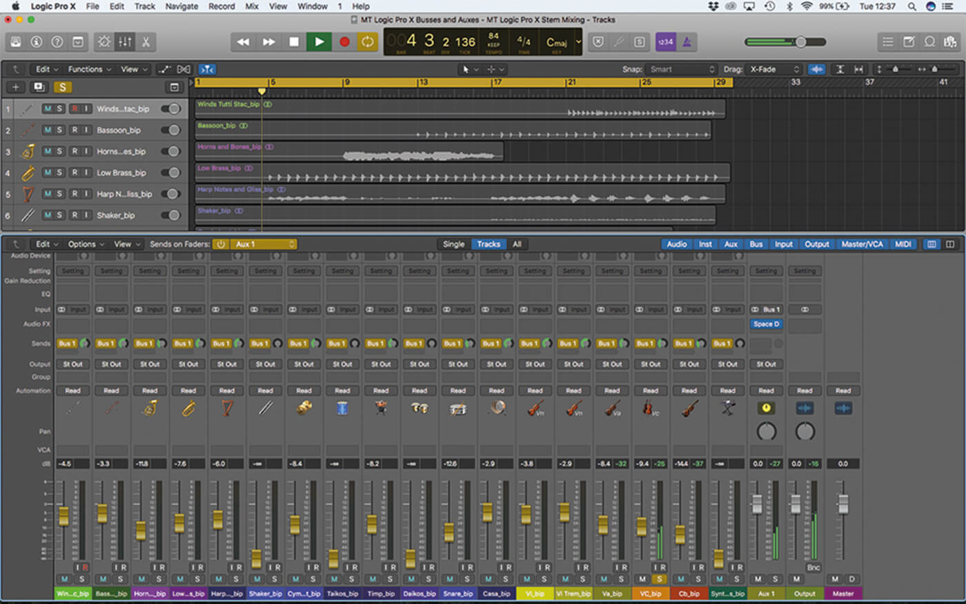 Using bus sends and aux channels in Logic Pro X