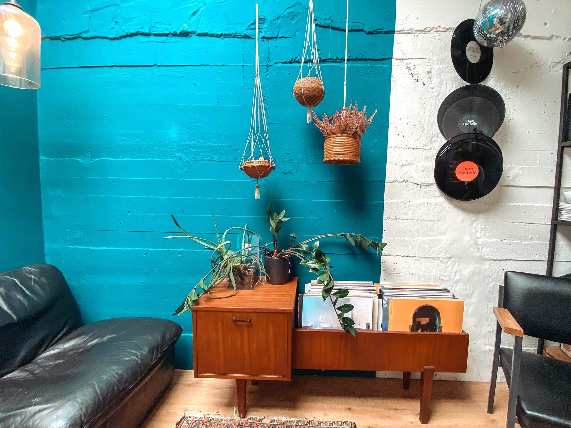 vinyl records in crate against blue wall with hanging baskets above
