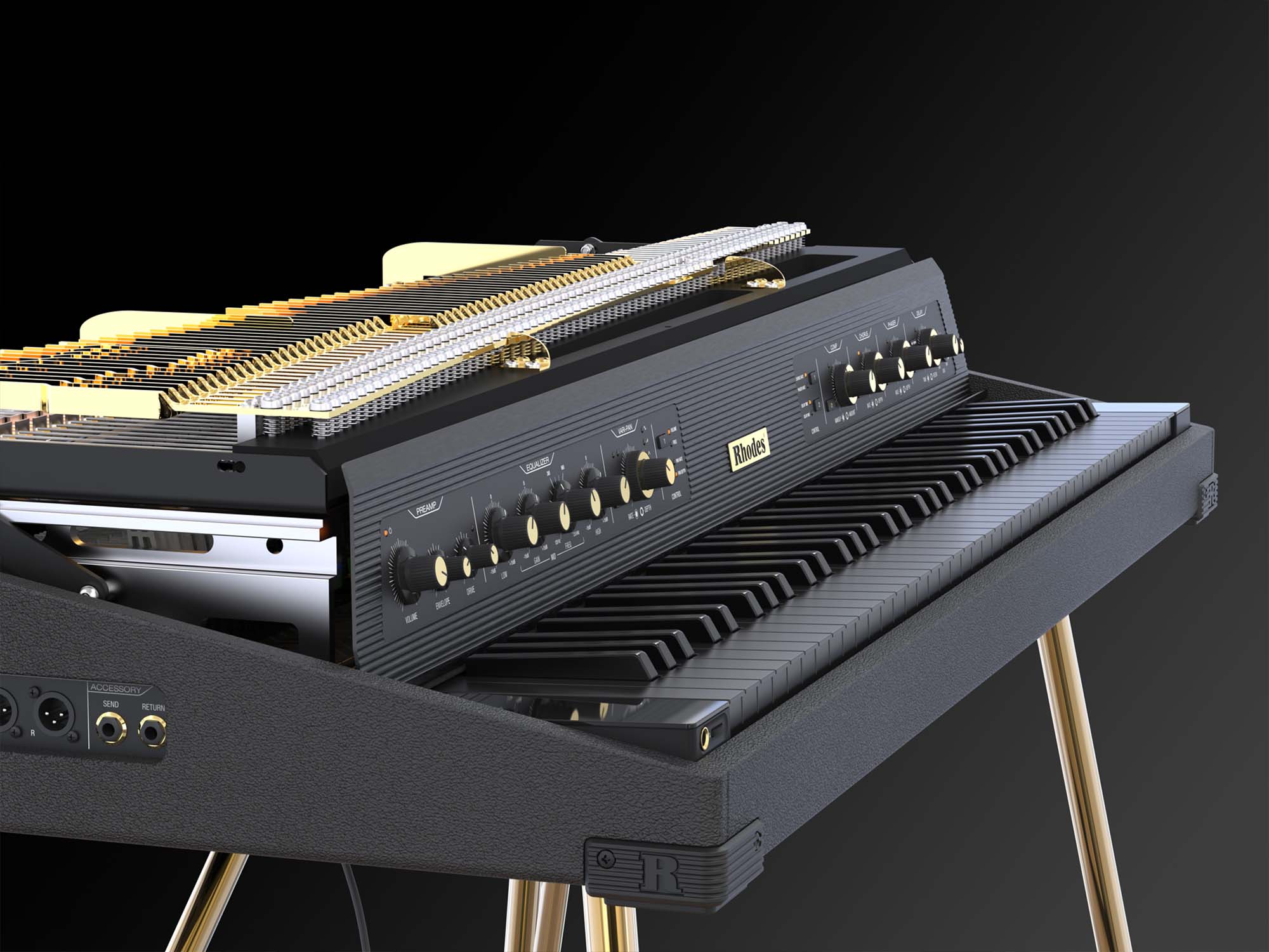 Rhodes MK8/75AE piano in black with gold detailing on black background