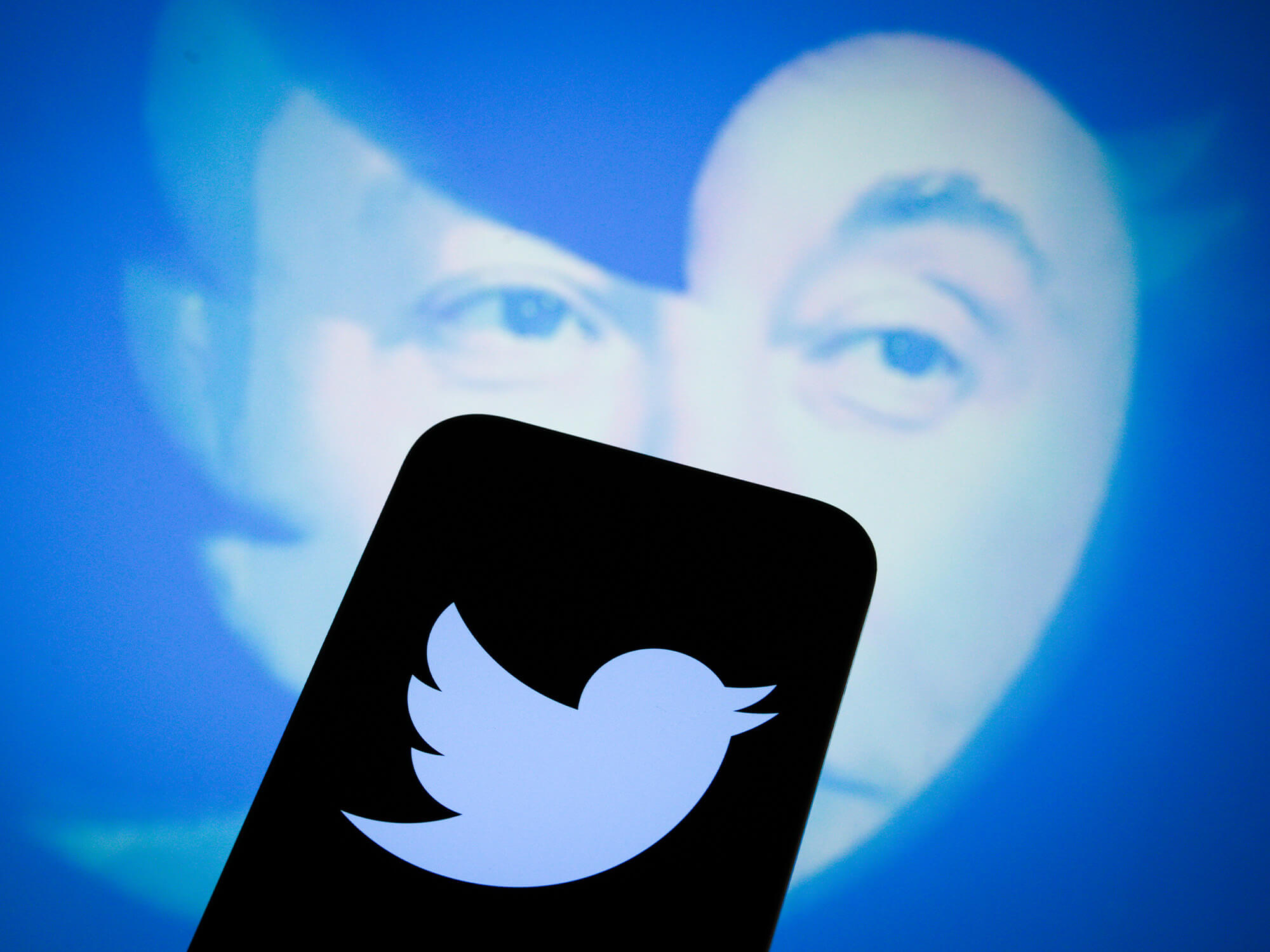 Twitter logo with Elon Musk's face in the background