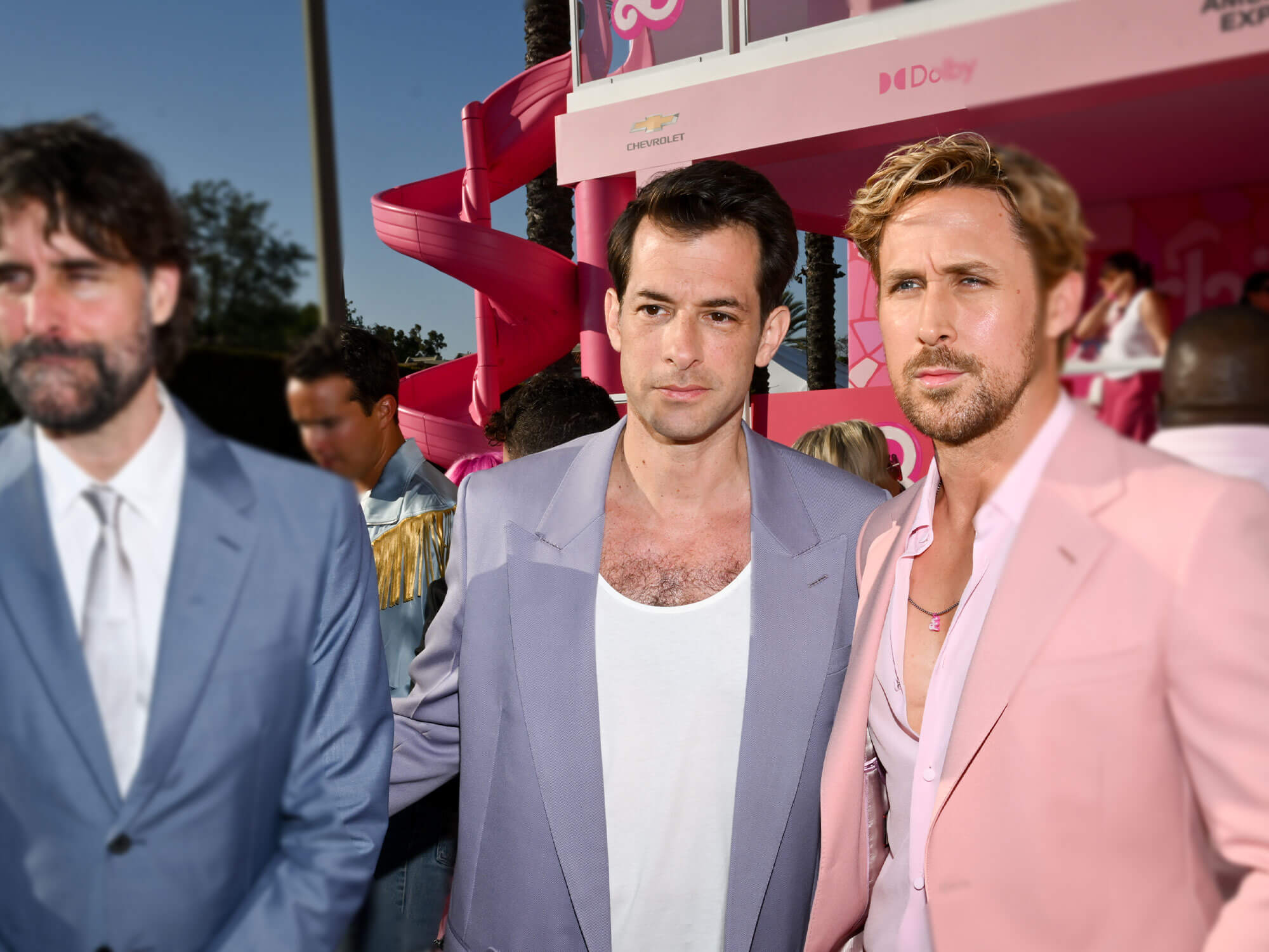 Andrew Wyatt, Mark Ronson and Ryan Gosling at the premiere of "Barbie" held at Shrine Auditorium and Expo Hall on July 9, 2023 in Los Angeles, California. (Photo by Michael Buckner/Variety via Getty Images)