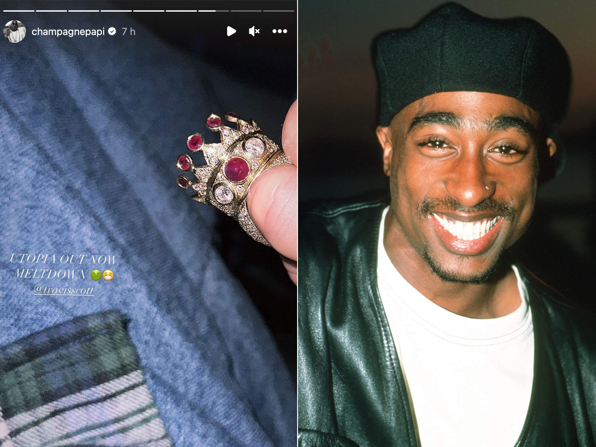Left - screen shot of Drake's story. He is holding the ring. Right - a portrait photograph of Tupac