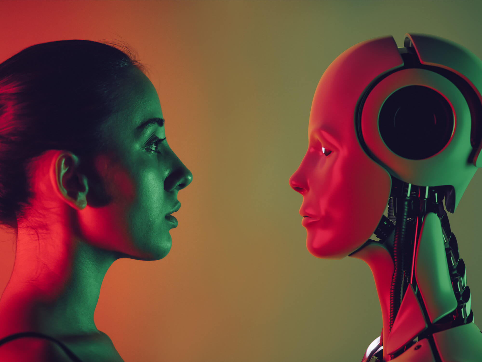 A woman facing a robot