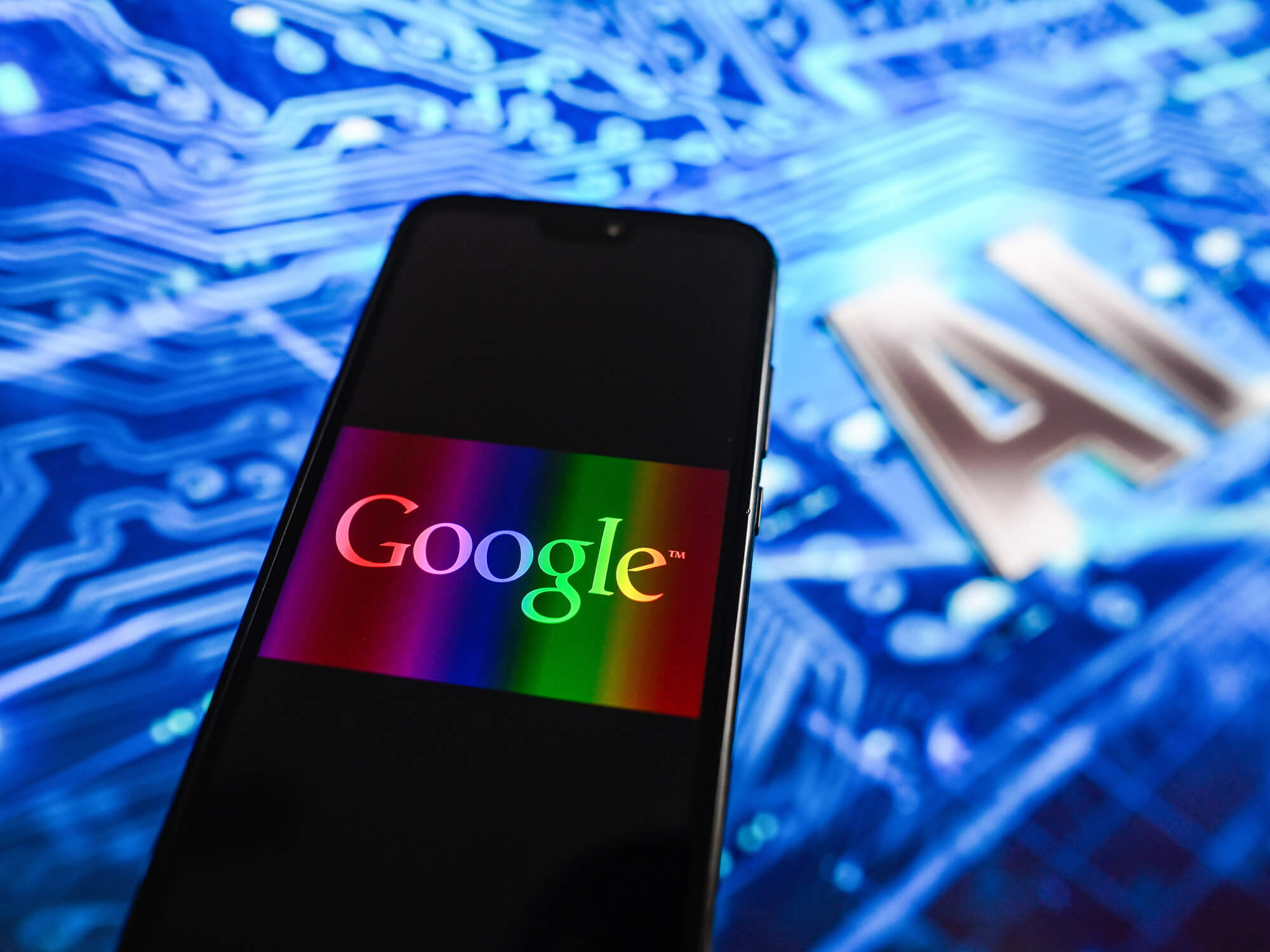 Google smartphone on AI background