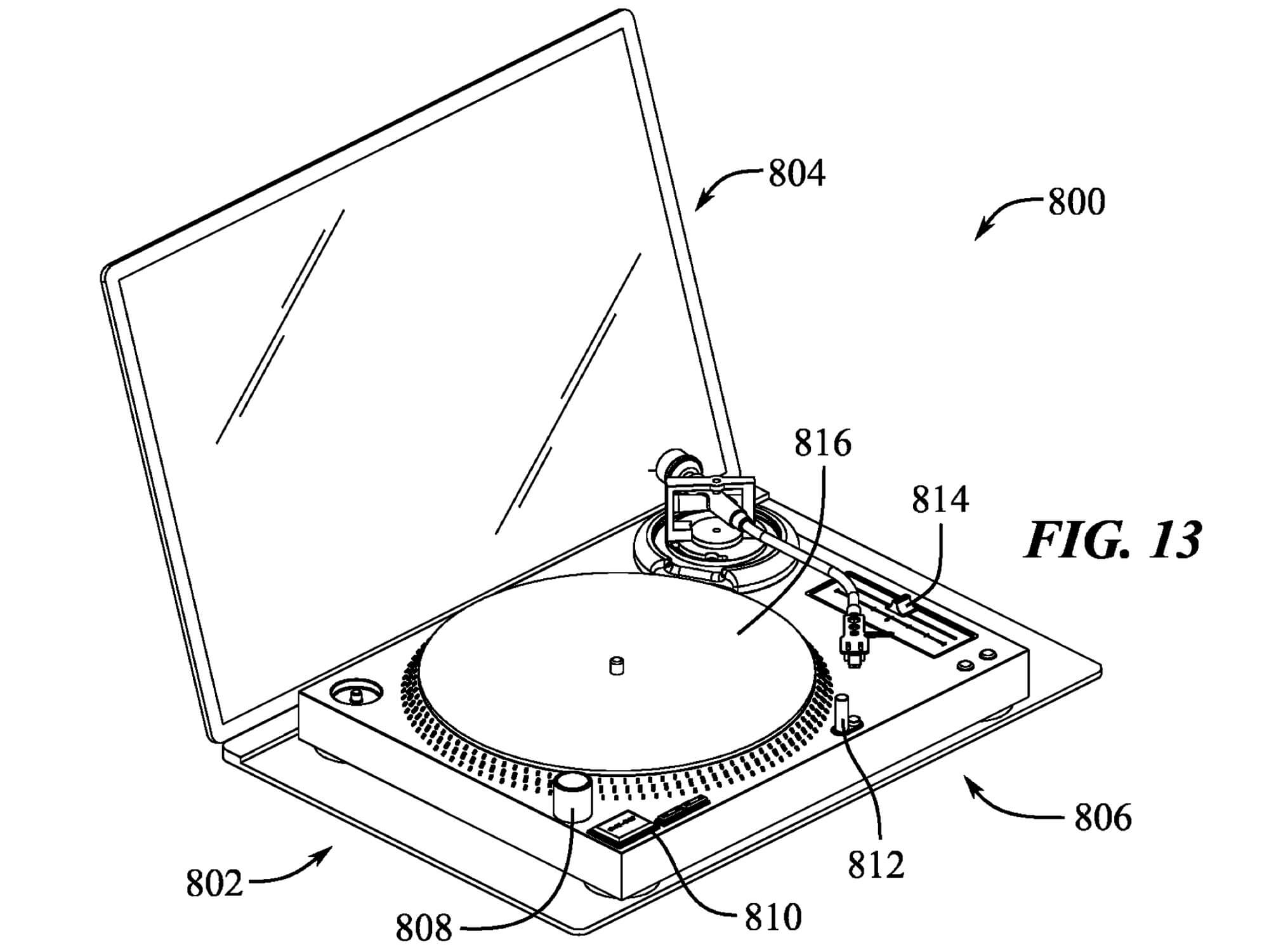 A drawing which outlines a MacBook-like device with a turntable attached at the base
