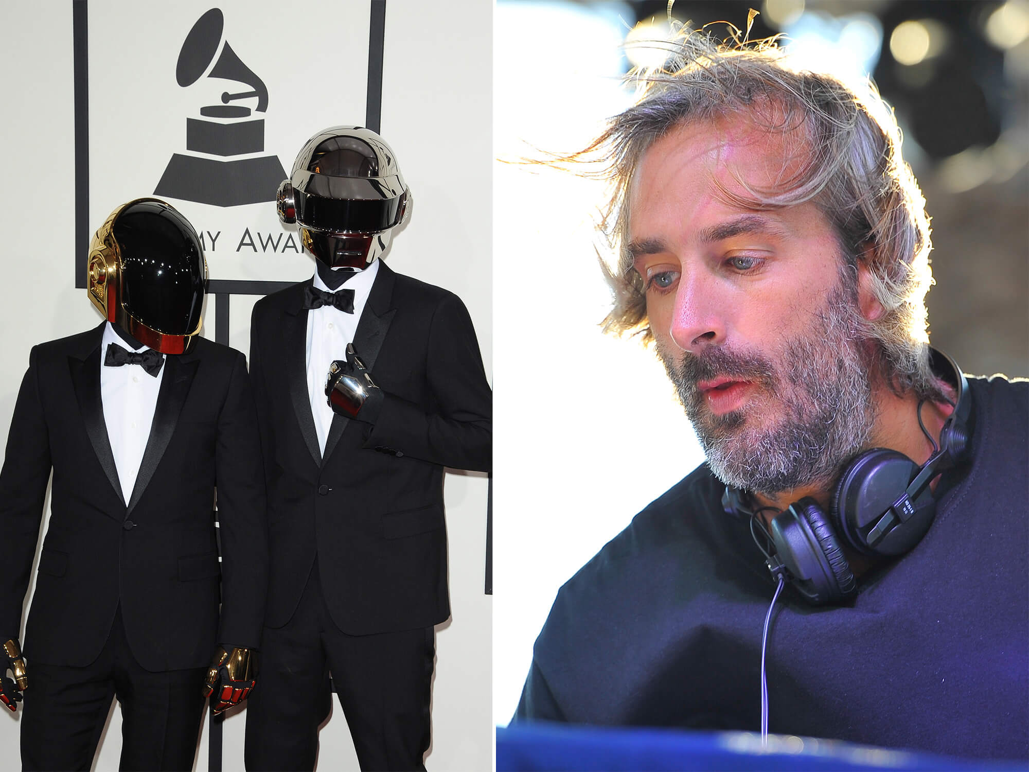 Daft punk pictured at the Grammy's in their signature helmets (Left), and DJ Falcon wearing headphones and looking down as he plays a set (Right)