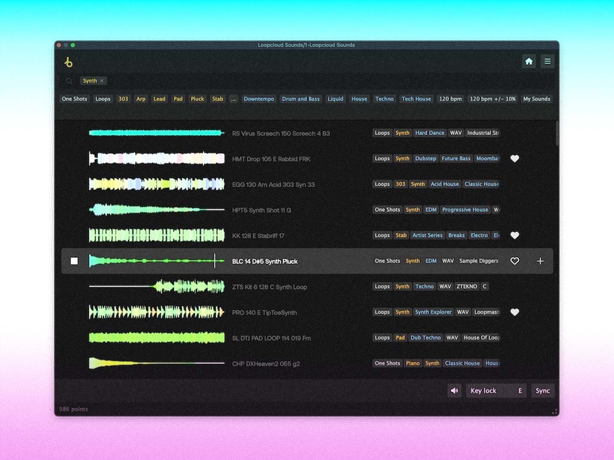 Loopcloud Sounds sample library. It shows sample names and waveforms next to each one.