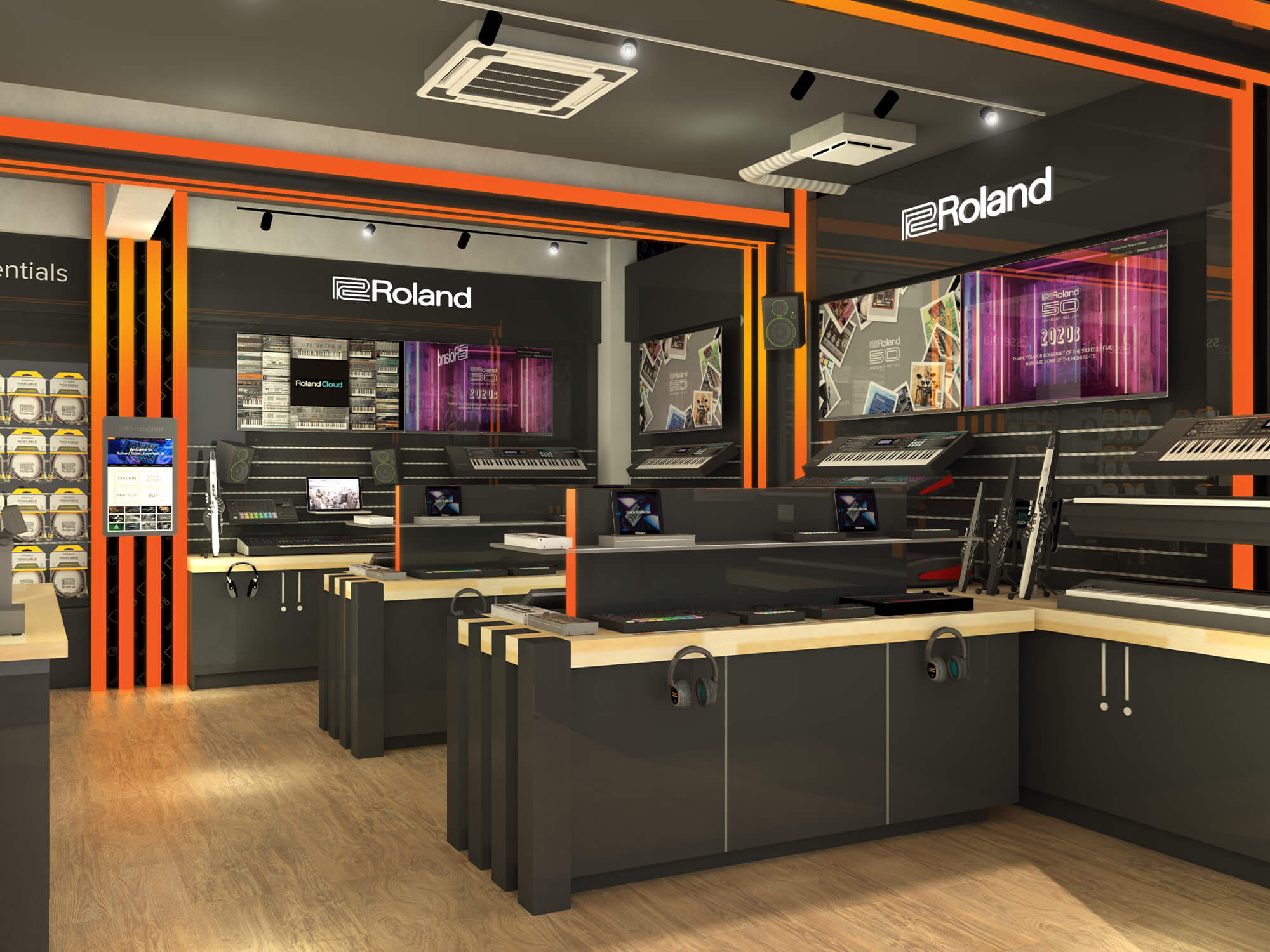 Rendered image of the Roland store, featuring a range of keyboards.