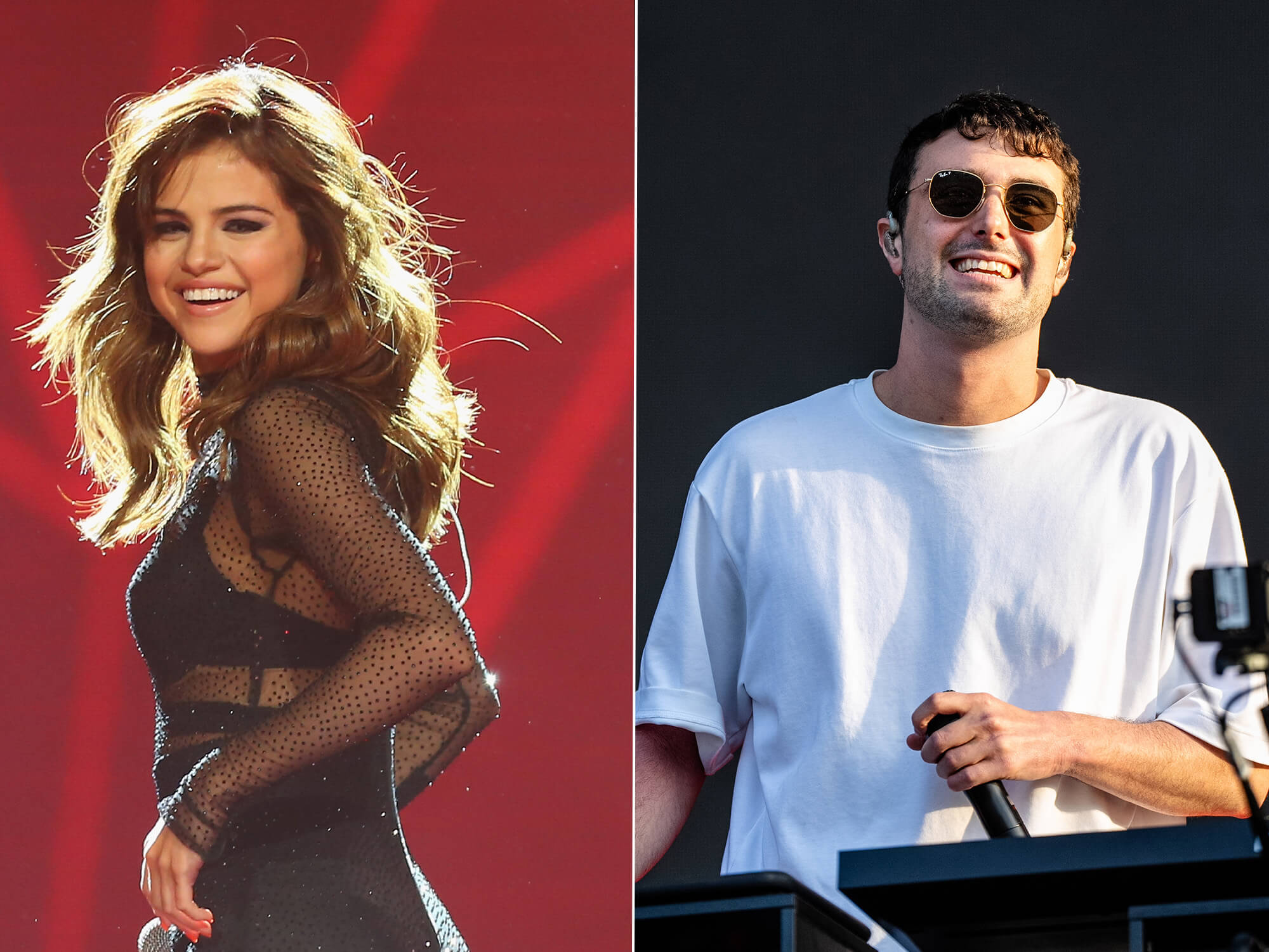 Selena Gomez smiling on stage in a sparkly black outfit (L). Fred again with a microphone in hand, wearing sunglasses and smiling (R).