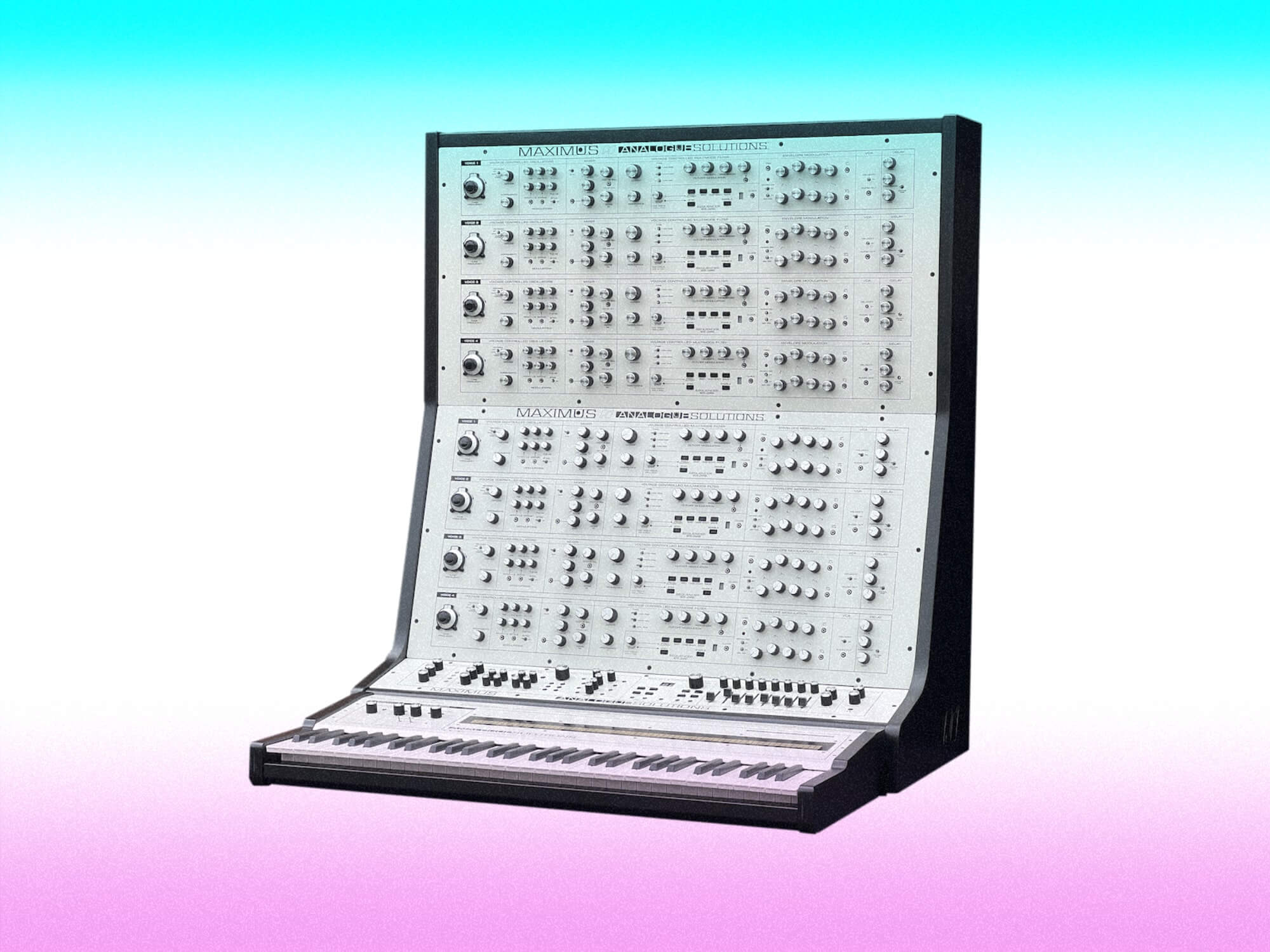 Maximus synthesiser on blue white and pink background