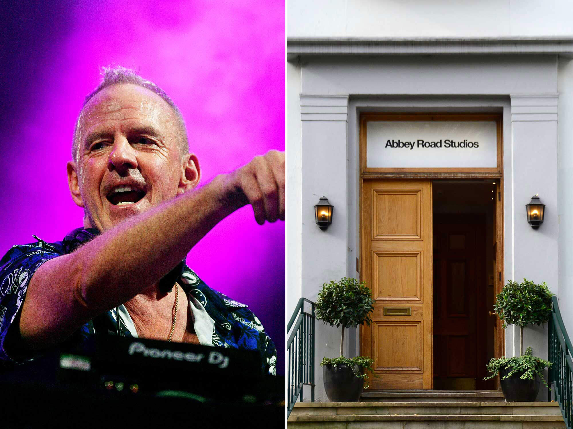 Left: Fatboy Slim DJing Right: The entrance to Abbey Road Studios in London, England