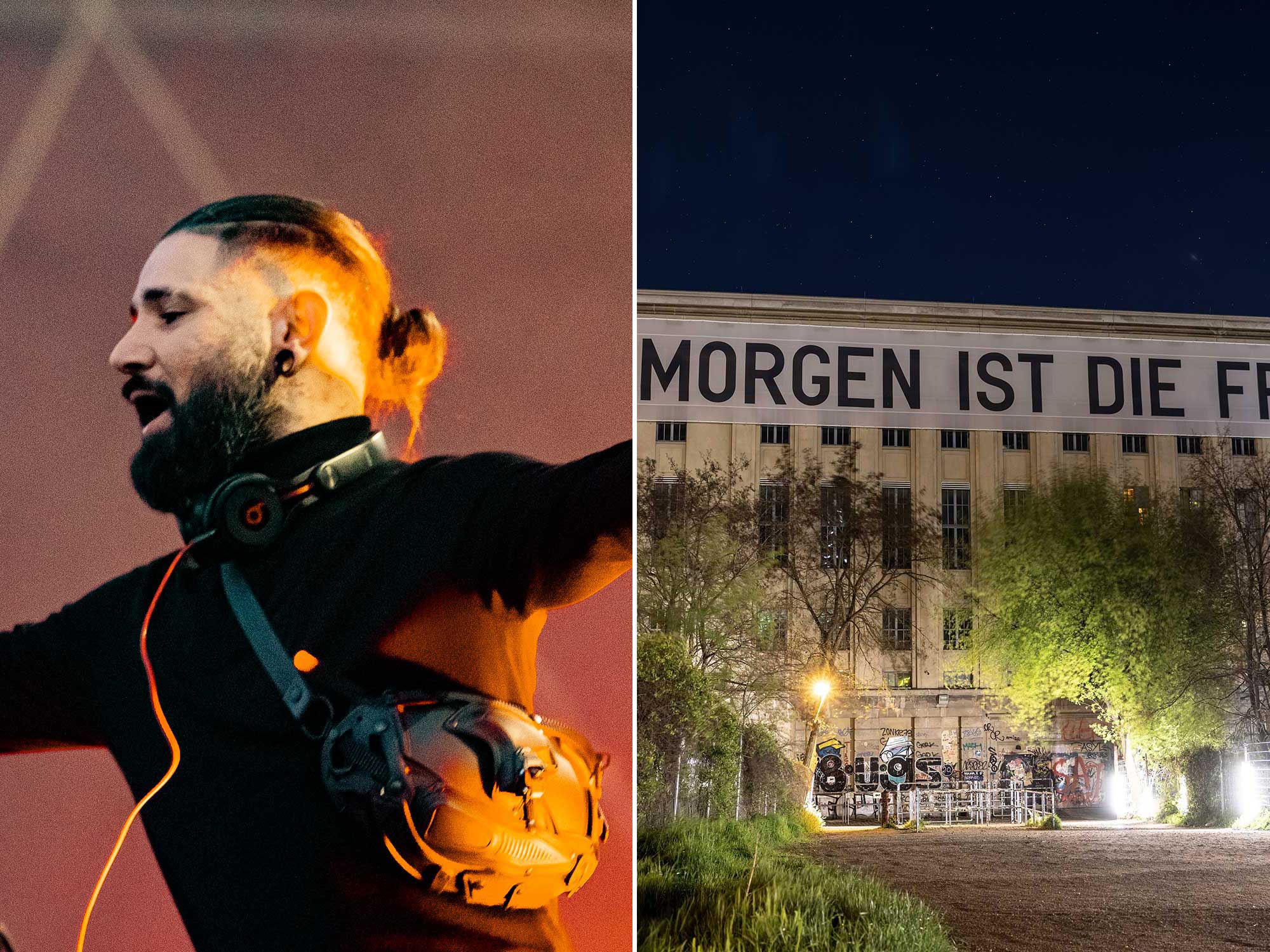 Left: Skrillex performs at Ruisrock Festival 2023 Right: View of the closed Berghain nightclub during the third wave of the coronavirus pandemic on May 05, 2021 in Berlin, Germany