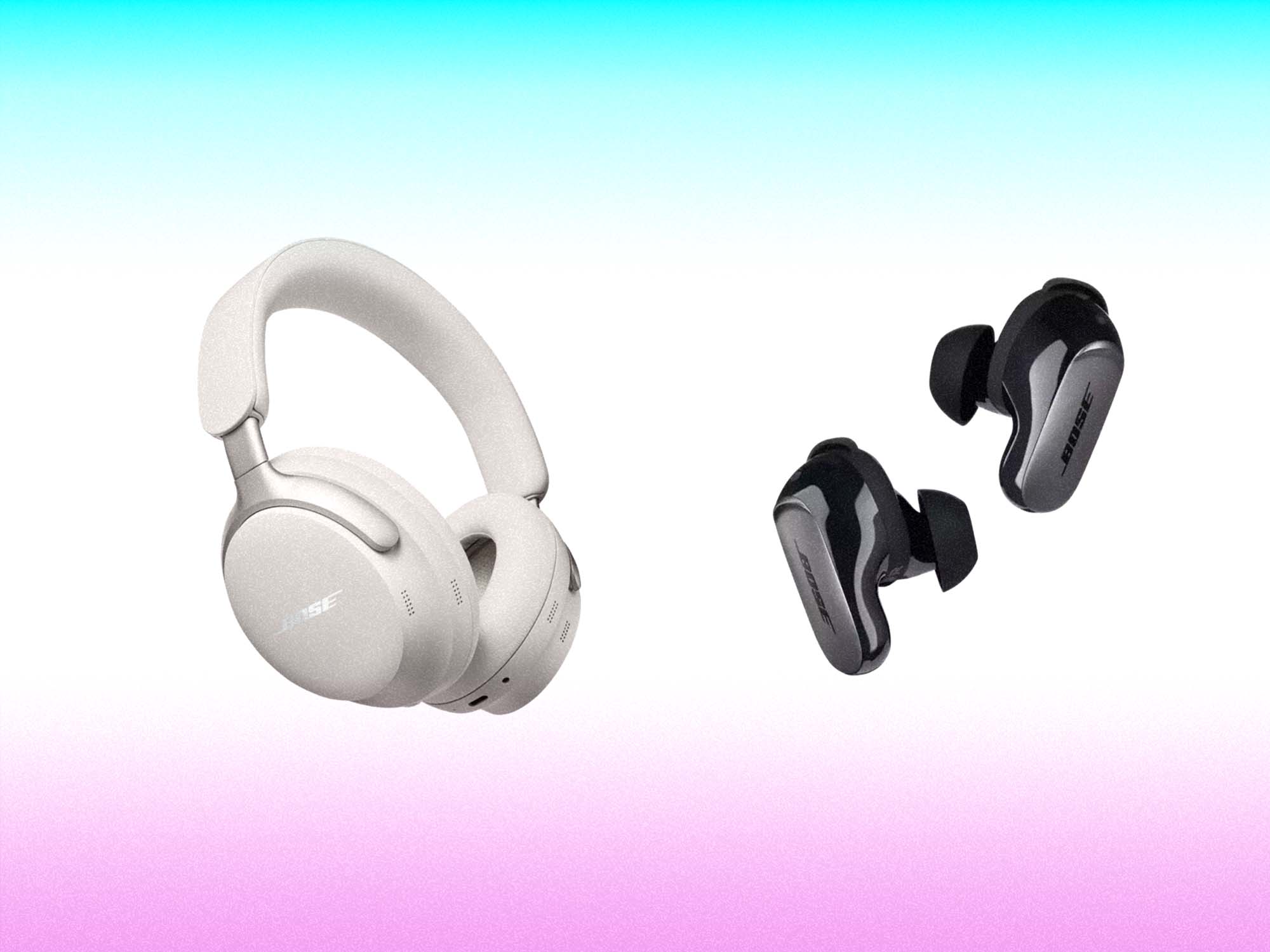 The QuietComfort headphones in White Smoke and the earbuds in Black