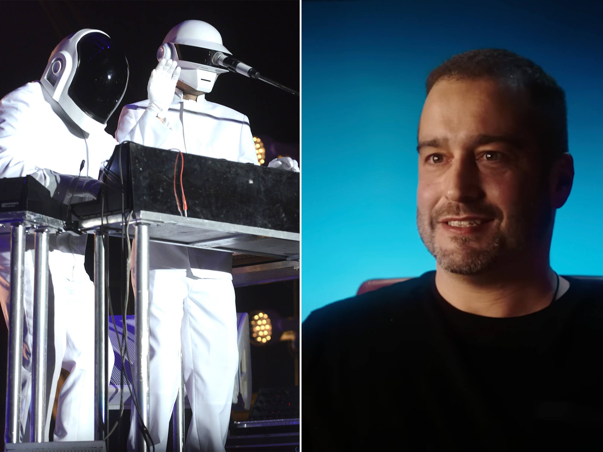 Daft Punk in their signature helmets performing in 2014 (left), Todd Edwards sitting before a blue background and smiling during interview for the Memory Tapes (right)