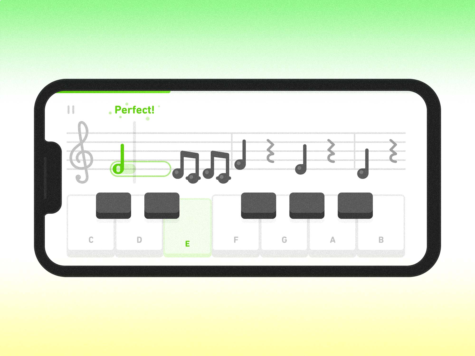 DuoLingo music learning tool on a mobile phone. It shows notes and piano keys.