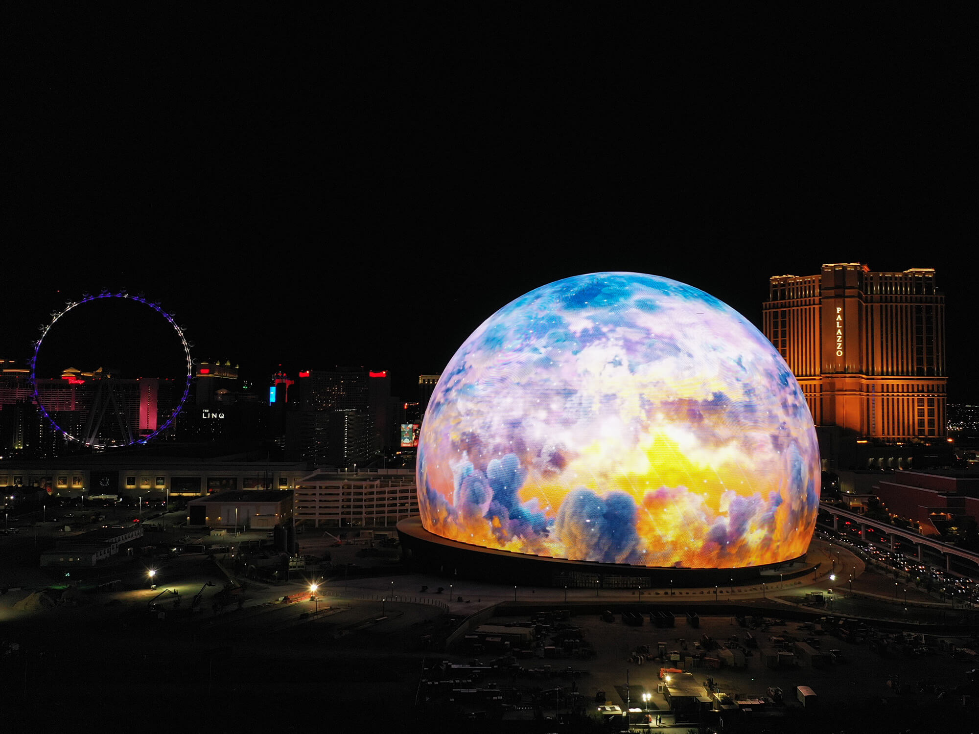 Las Vegas sphere illuminated with an array of colours