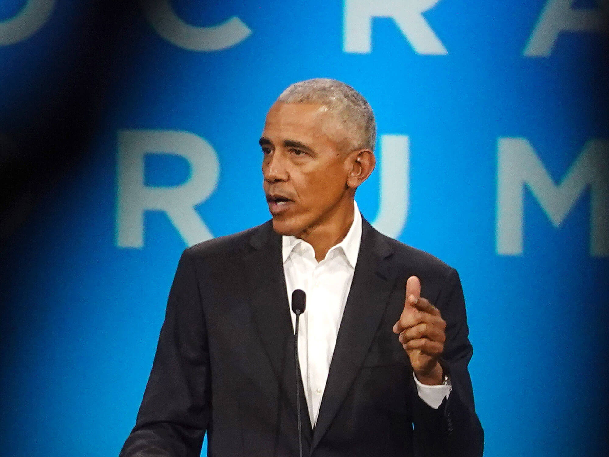 Former President Barack Obama speaks to attendees at the Obama Foundation Democracy Forum on November 03, 2023 in Chicago, Illinois.