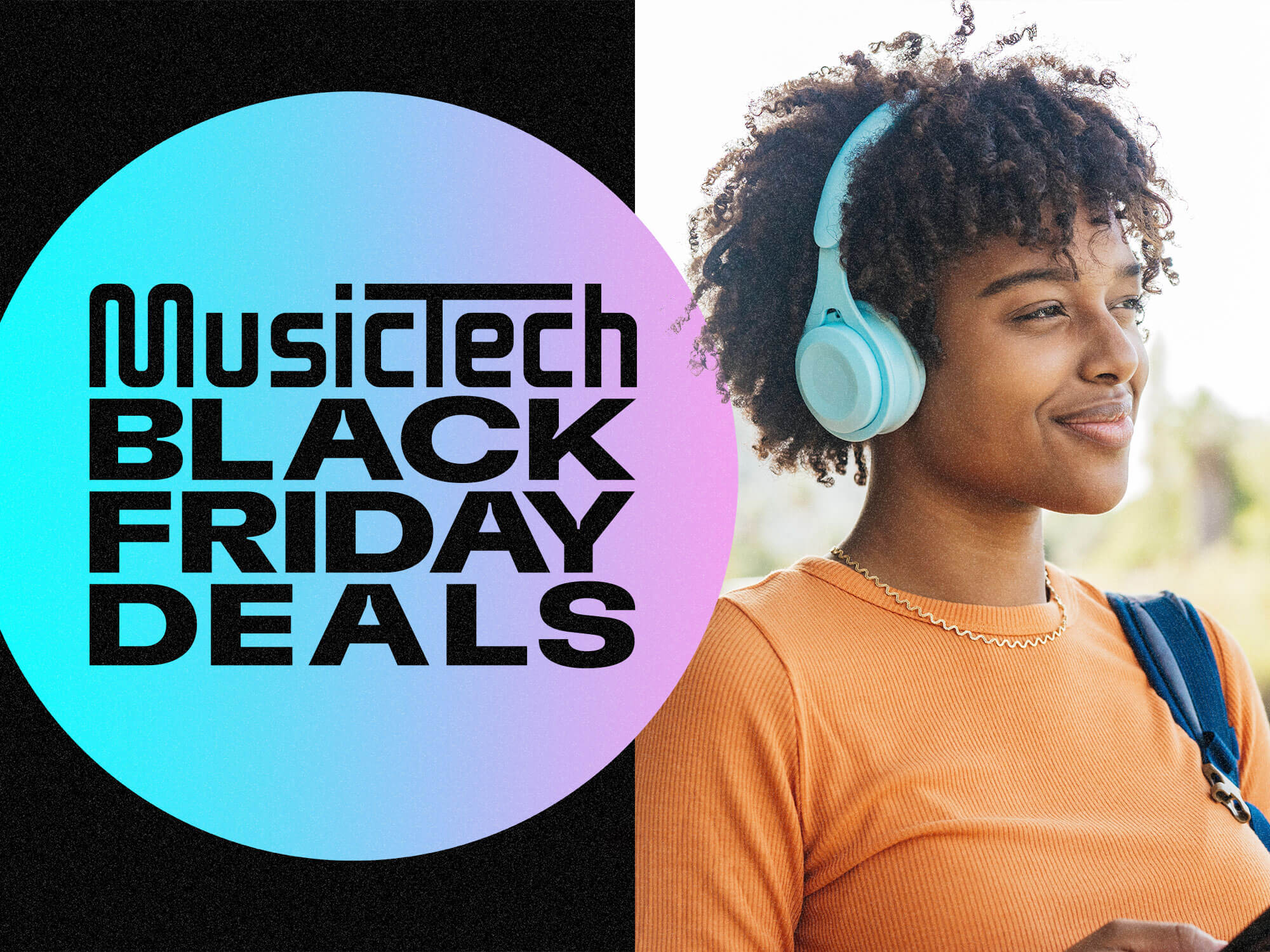 Black Friday text next to Young Afro-Latin woman with blue headphones holding a mobile phone walking through a park next to a lake.