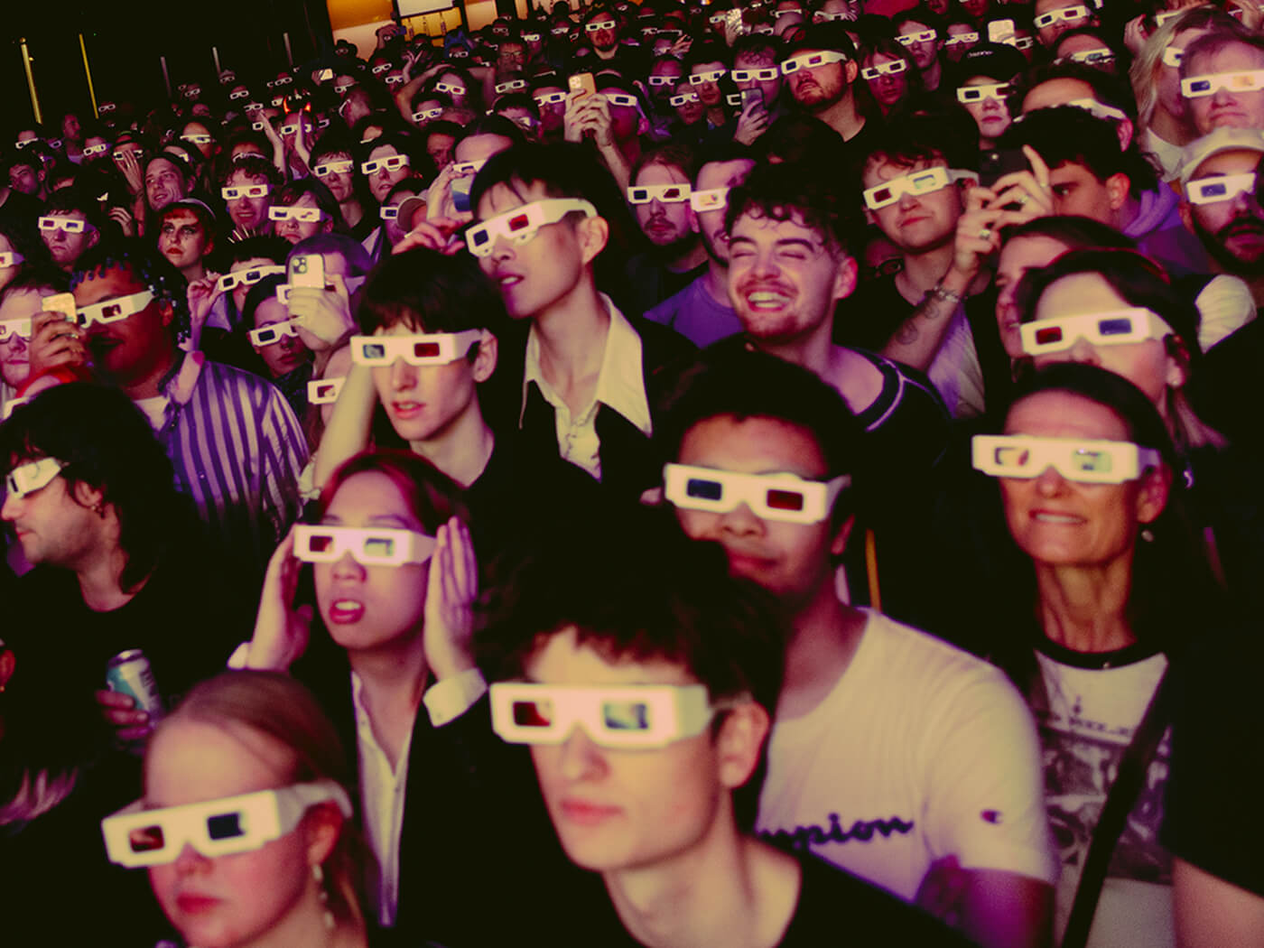 Crowd wearing 3D glasses during A. G. Cook’s set during PC Music’s Pop Crypt at London’s HERE
