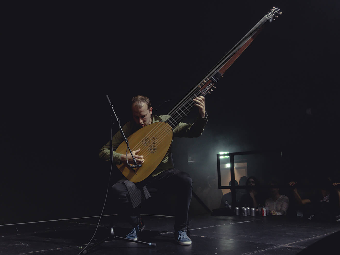 Theorbo master Toby Carr performing with Danny L Harle during PC Music’s Pop Crypt at London’s HERE