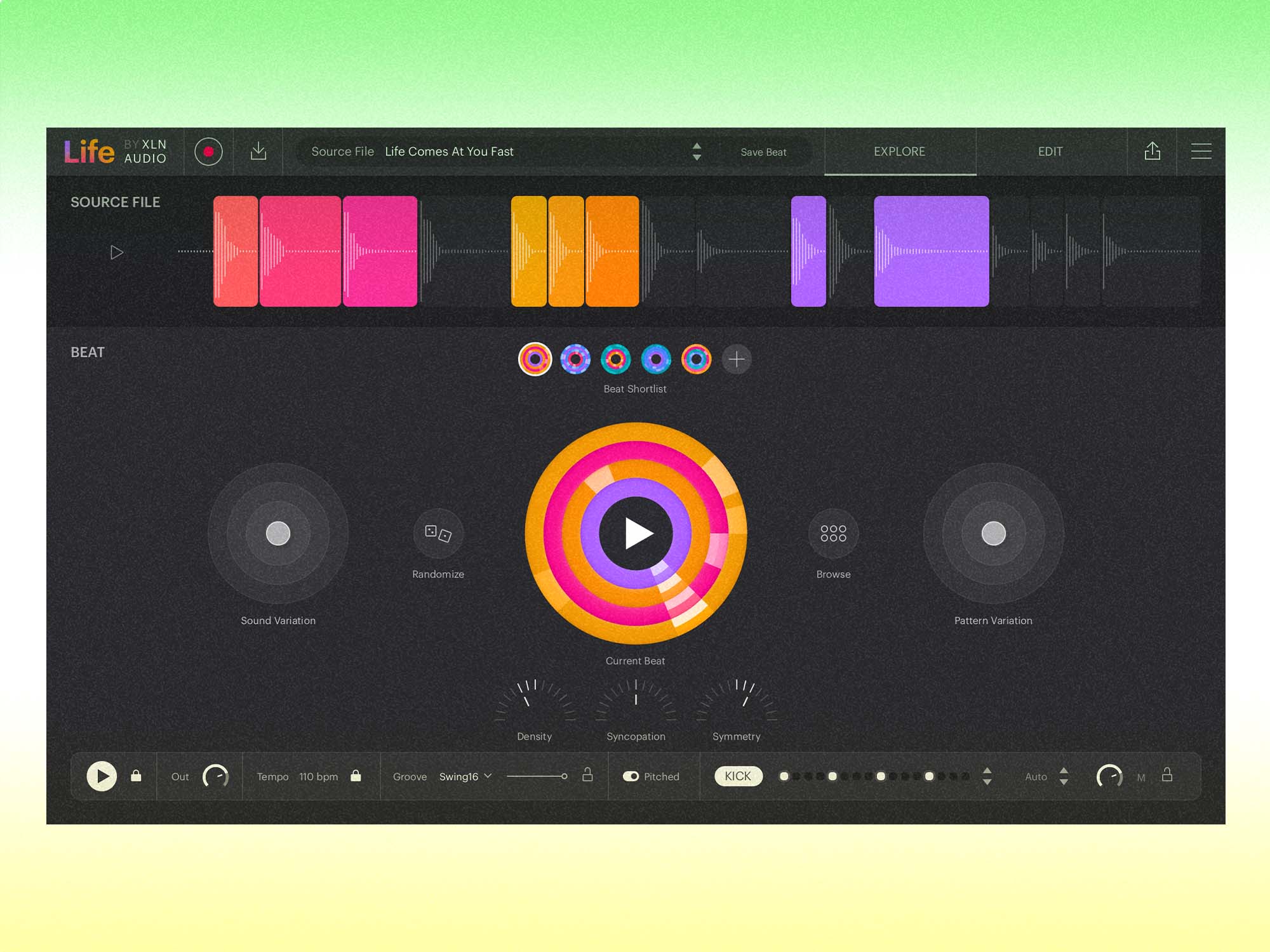 XLN Audio's Life in use. It shows coloured waveforms at the top and a coloured dial in the middle, amongst various controls.