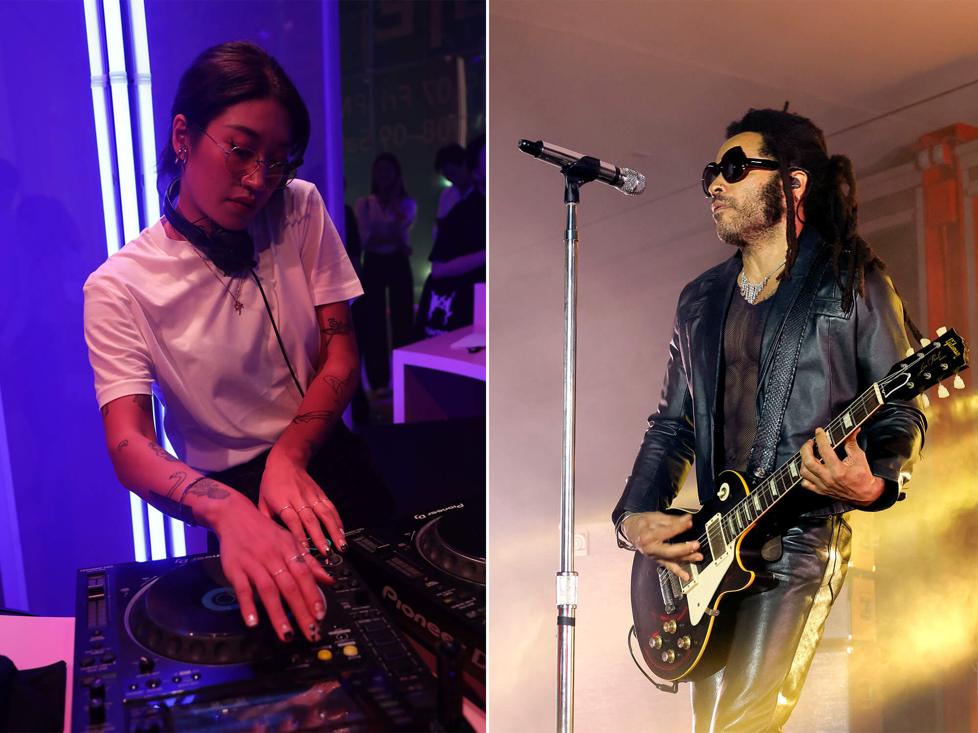 Peggy Gou (left) Dj-ing. She wears headphones on her neck and has her hand on the turntable. Lenny Kravitz (right) playing guitar on stage. He's wearing sunglasses and is standing in front of a microphone.
