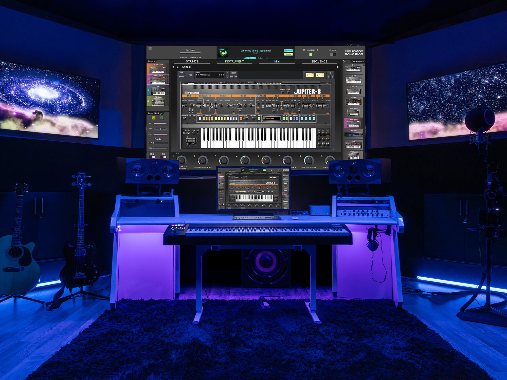Roland GALAXIAS in use on a large monitor in a studio. The studio is glowing with a purple light.