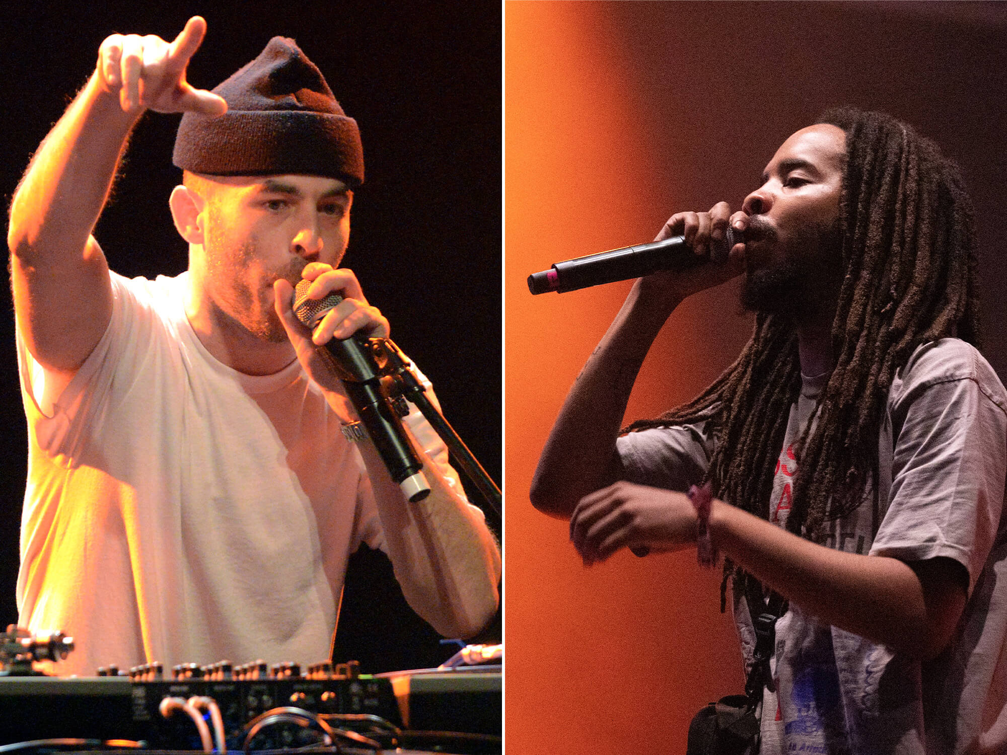 The Alchemist (left) holding a mic in one hand and his other hand up in the air. Earl Sweatshirt (right) on stage singing into a mic before an orange background.