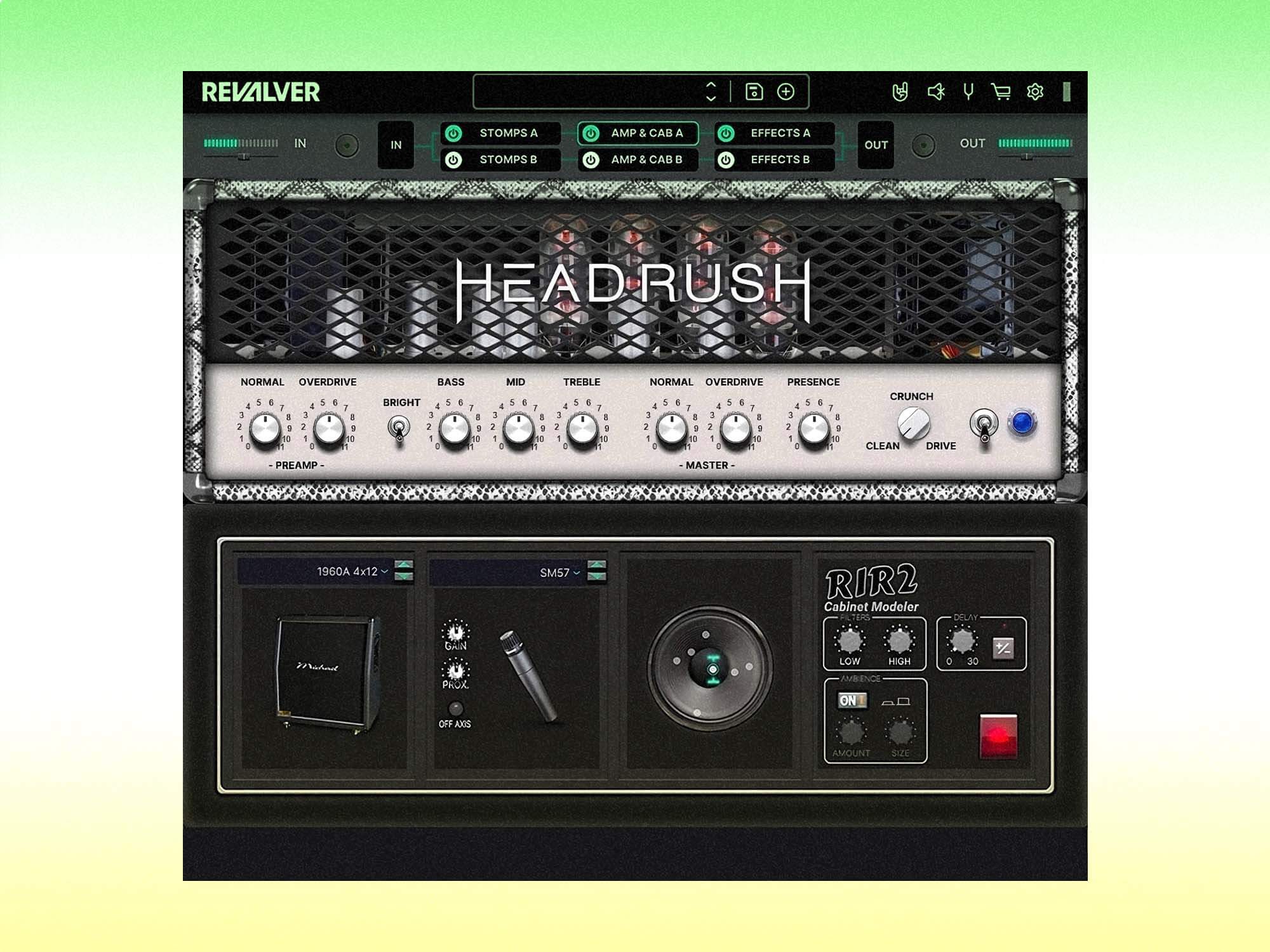 ReValver 5 in use. The image is a screenshot from the software showing a HeadRush amp and the cabinet module allowing for positioning of the mic.