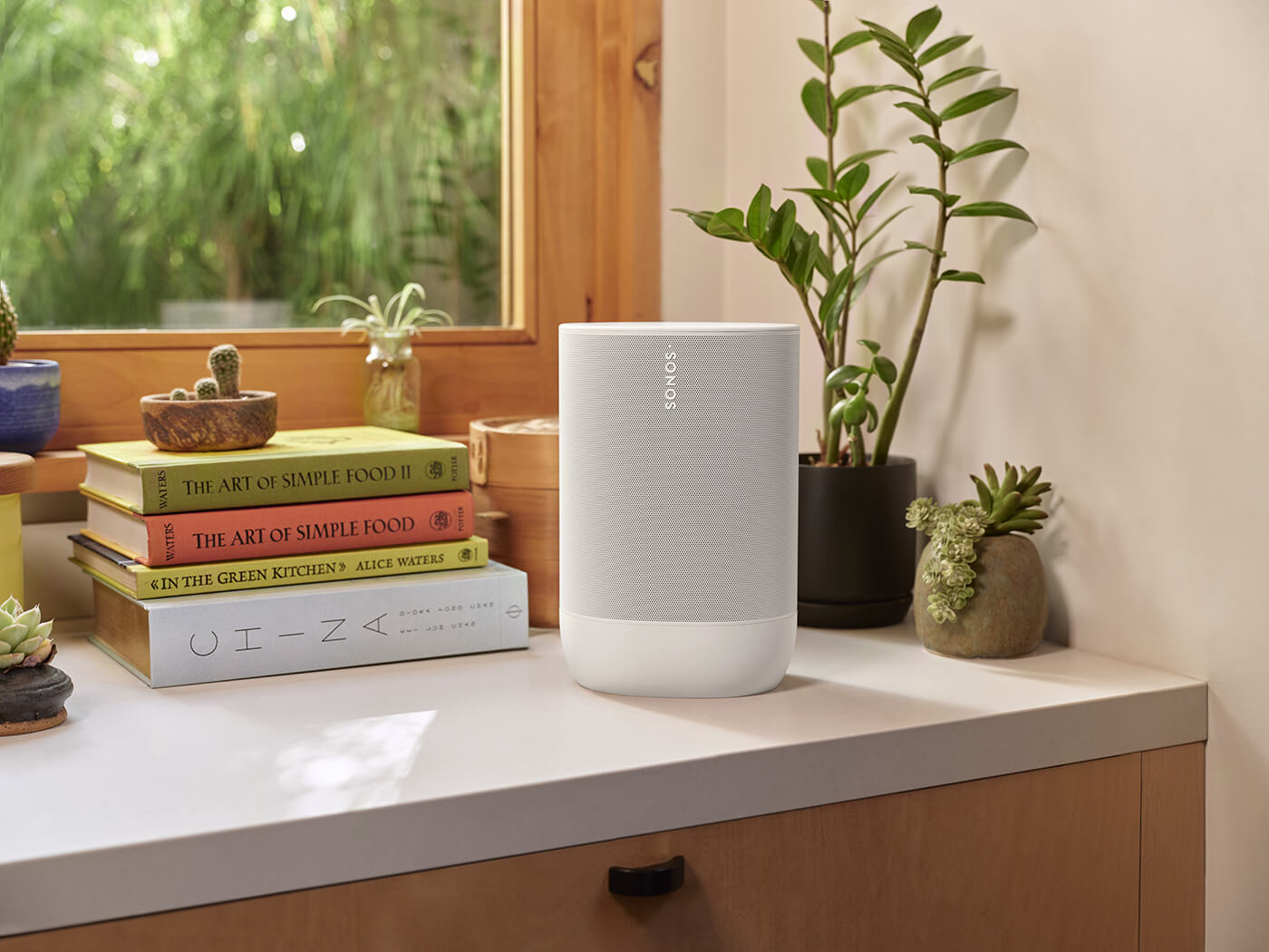 Sonos Move 2 in White, in use on a kitchen counter