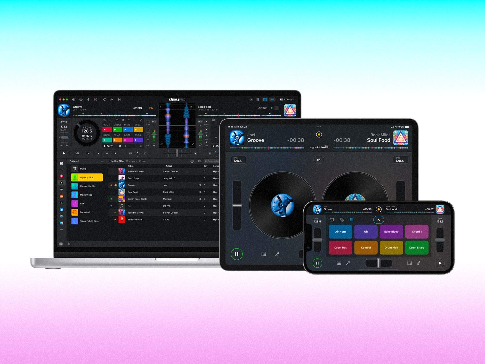 Djay application open on a Mac, iPad and iPhone