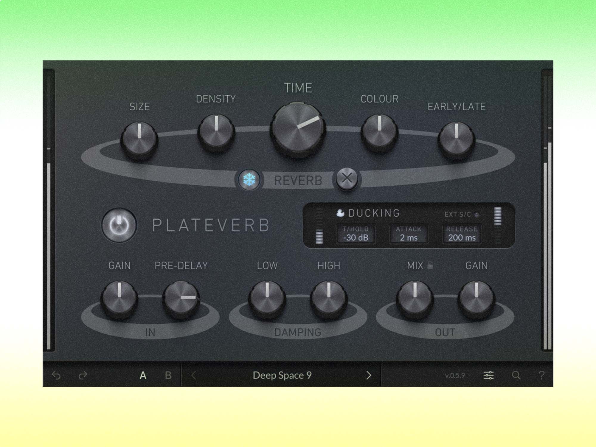A screen cap of PlateVerb interface which is a grey colour and looks similar to an effects pedal.