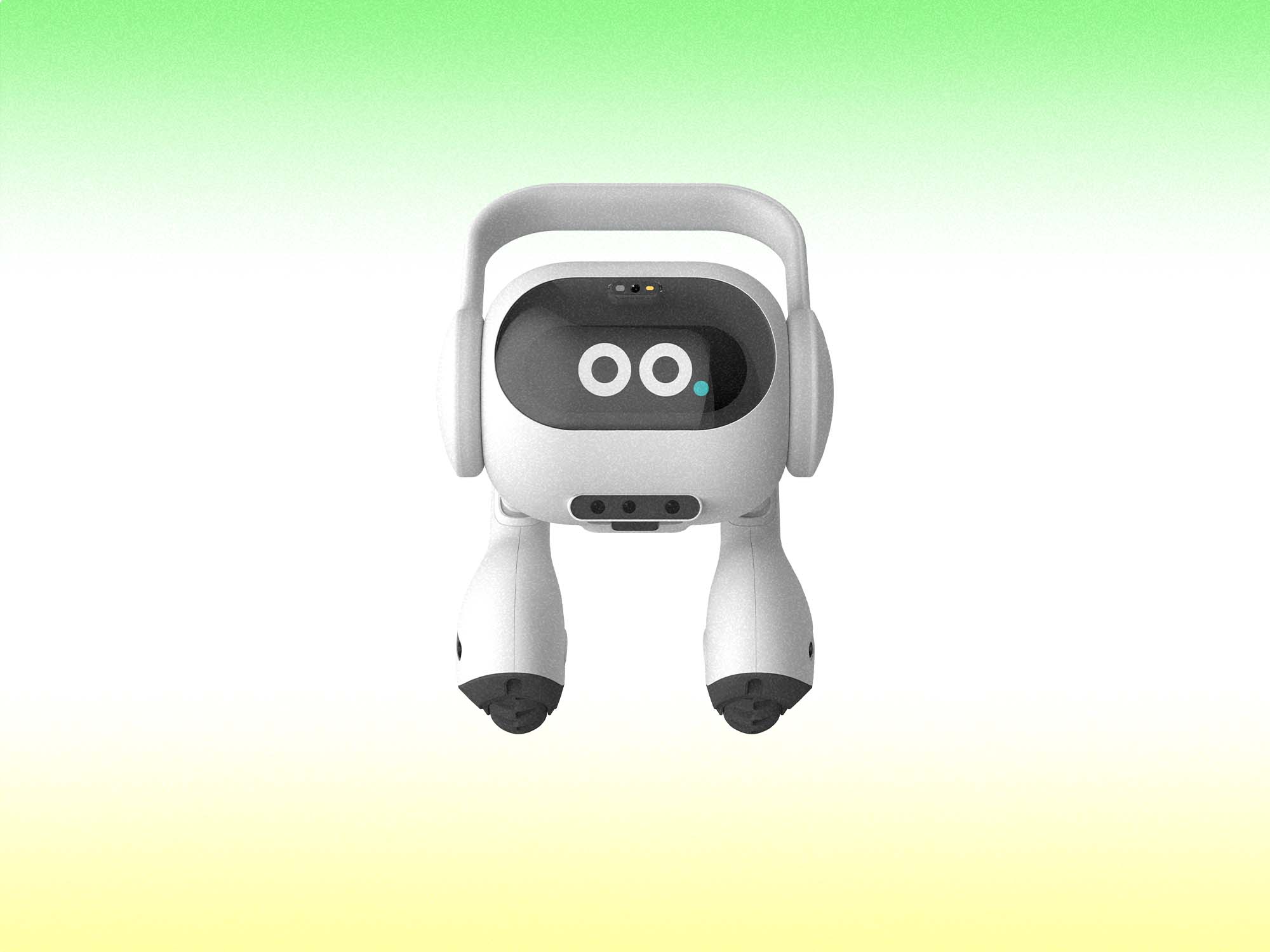 The LG AI home agent, which shows 'leg' like wheels and a white casing. It has digitally displayed 'eyes' on a black screen at the top.