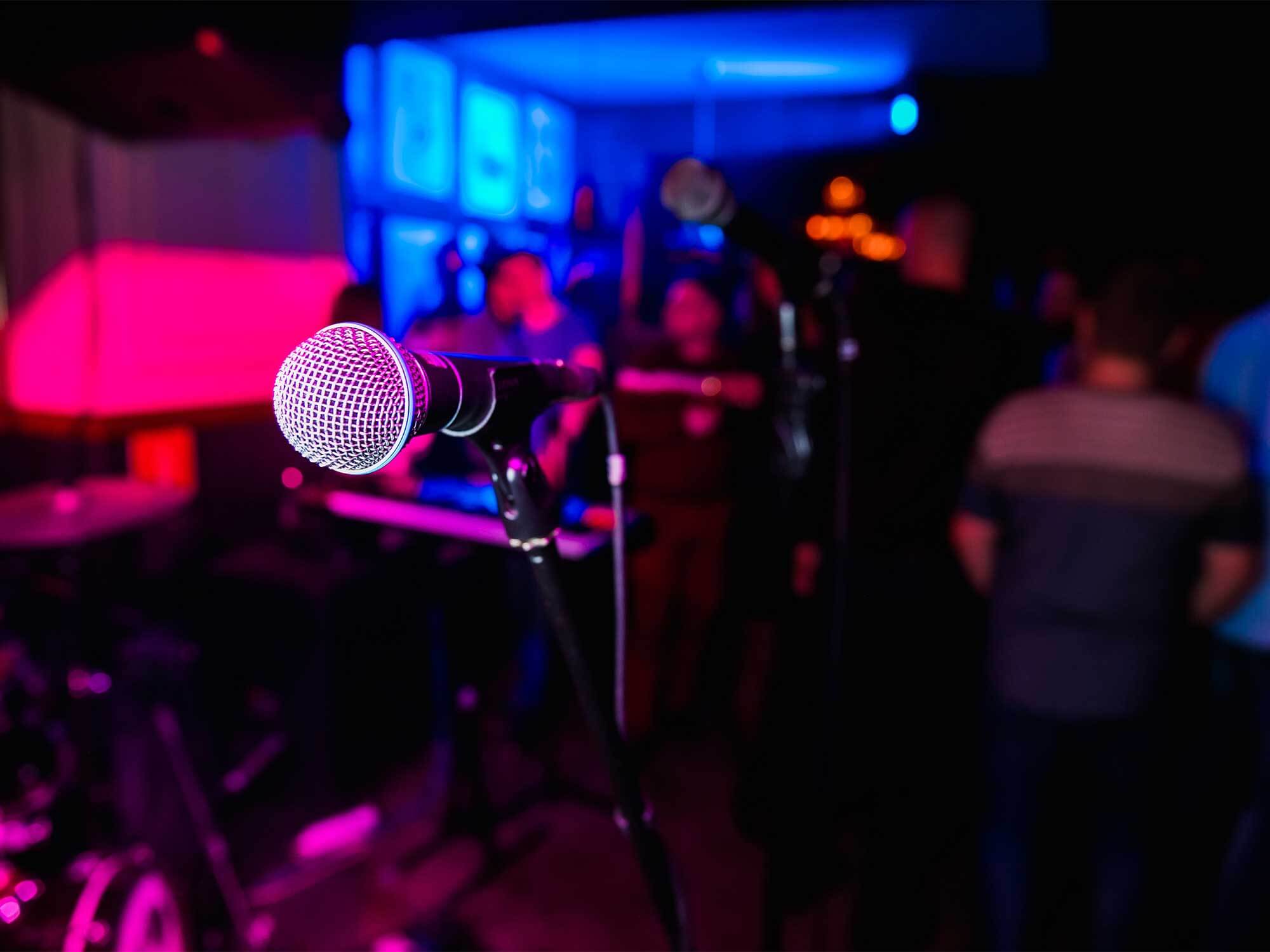 Microphone on stage at a small music venue