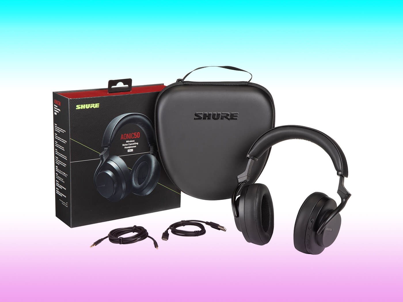 Shure AONIC 50 Gen 2 headphones with their case, box and wires