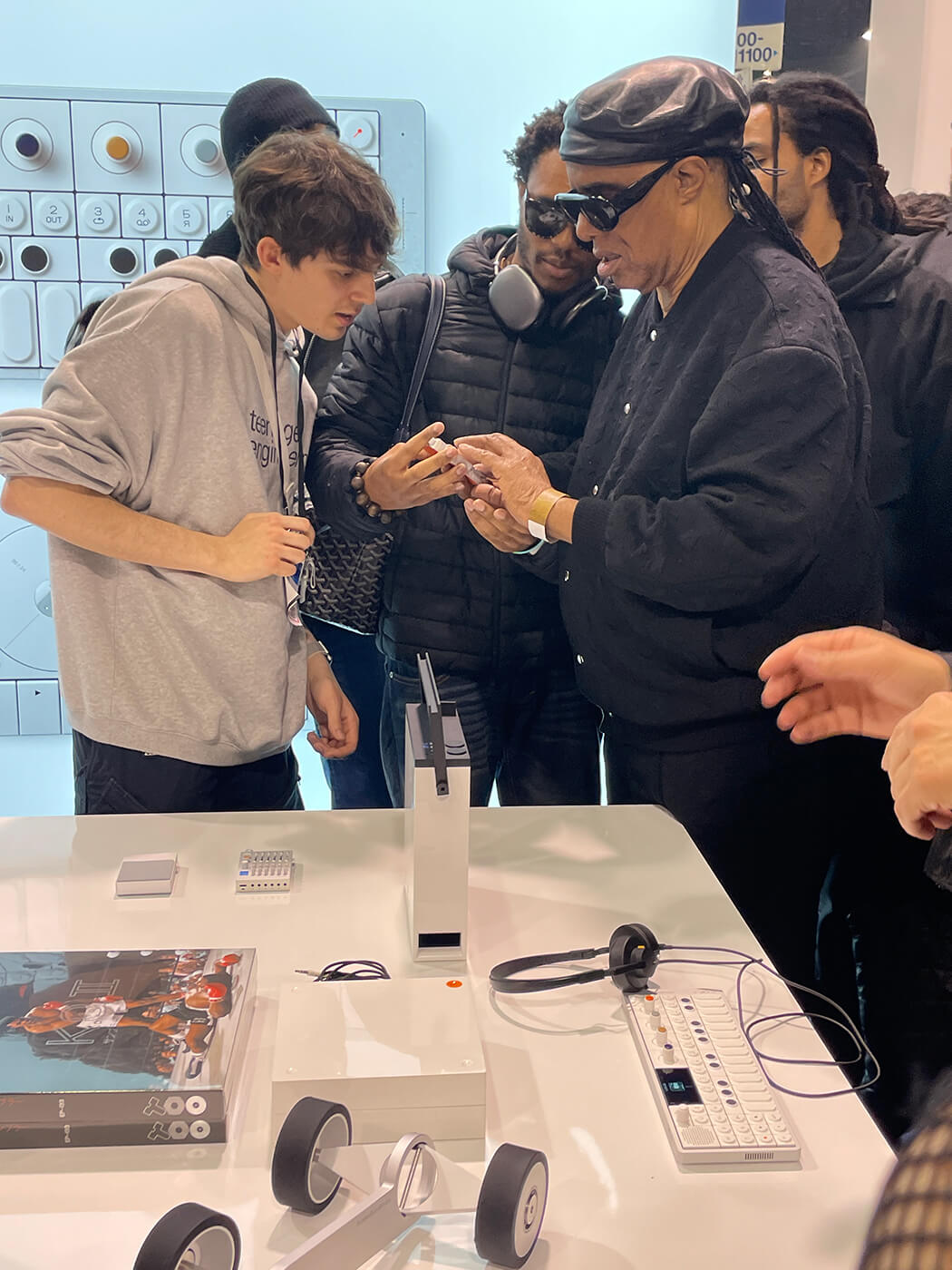 Stevie Wonder at the Teenage Engineering booth during The NAMM Show 2024, photo by Sam Willings