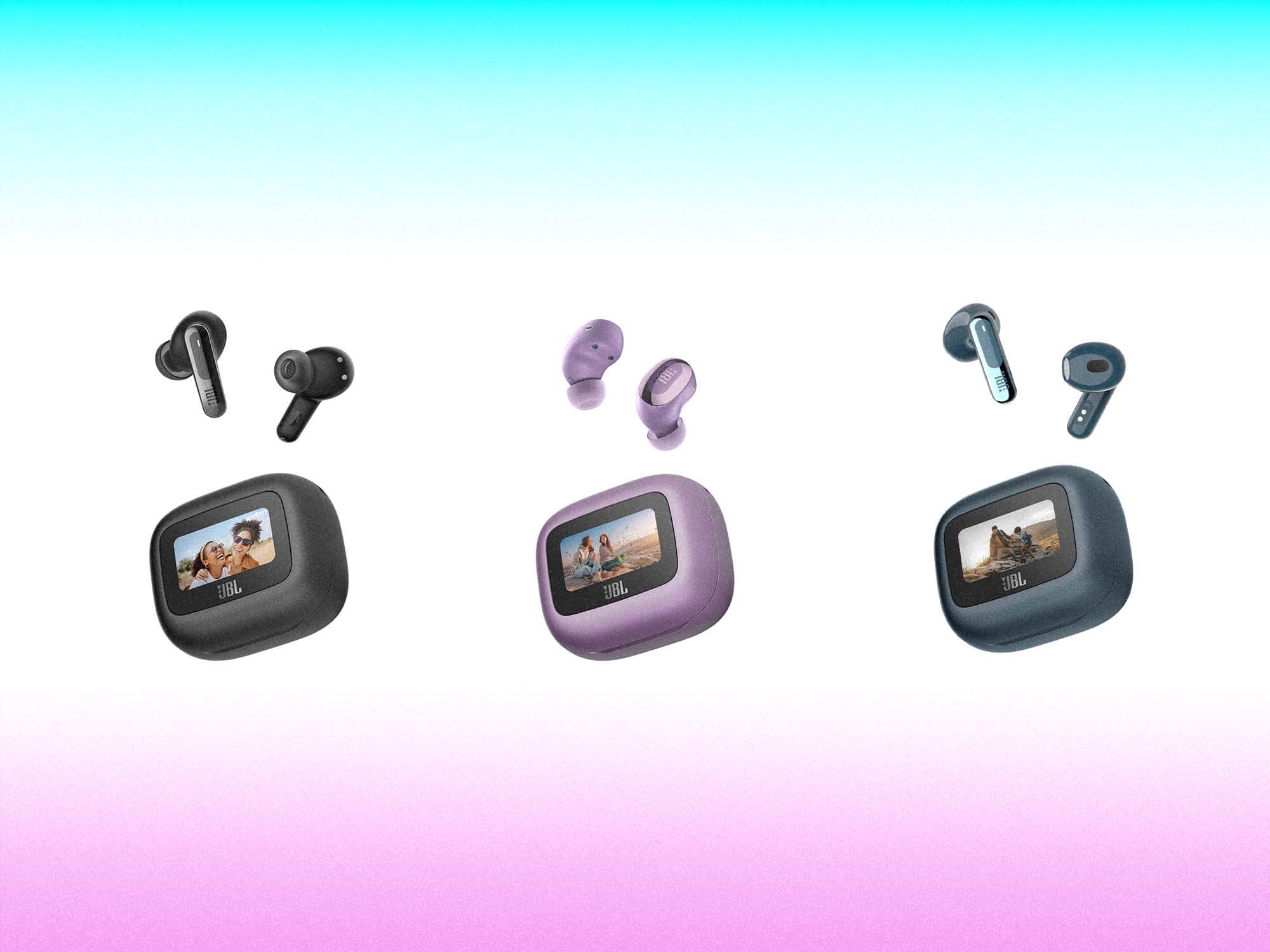 JBL's TWS 3 Series earphones in black, purple and blue. Each pair also shows a small case with a screen on it.