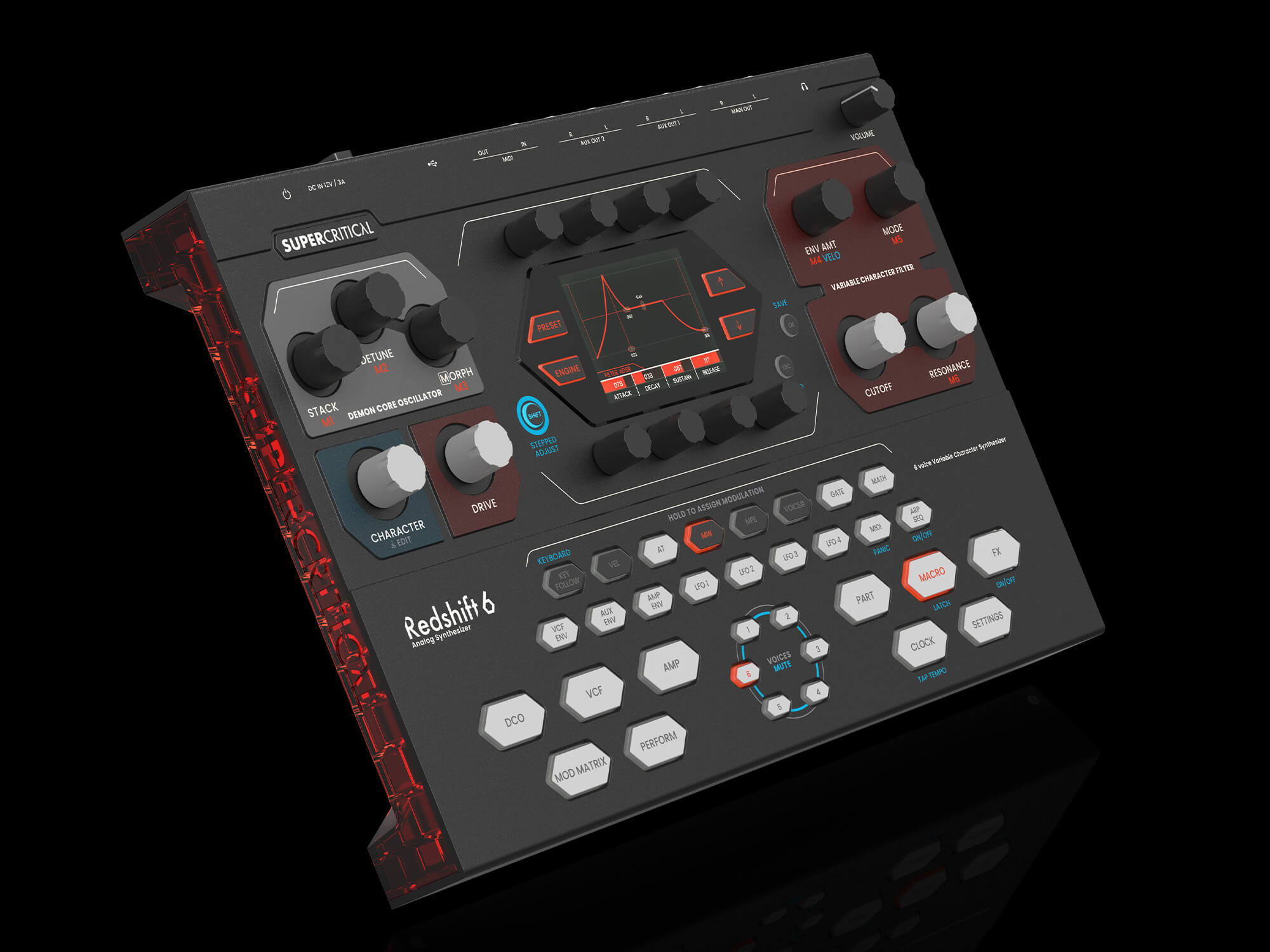 Supercritical Redshift 6. It is a black, square-shaped synth featuring a range of black and white buttons with red accents.