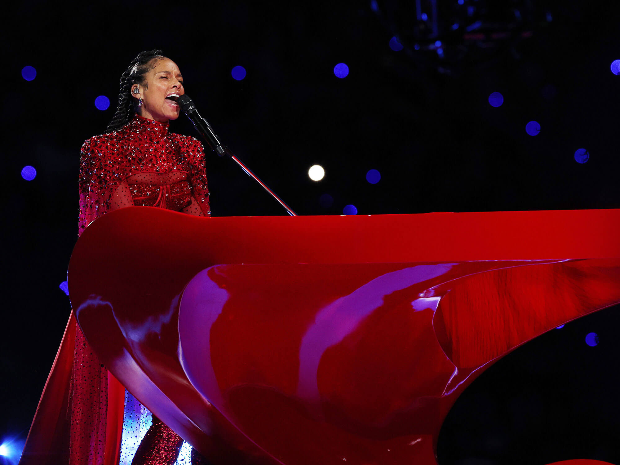 Alicia Keys performing live during the Super Bowl Halftime Show