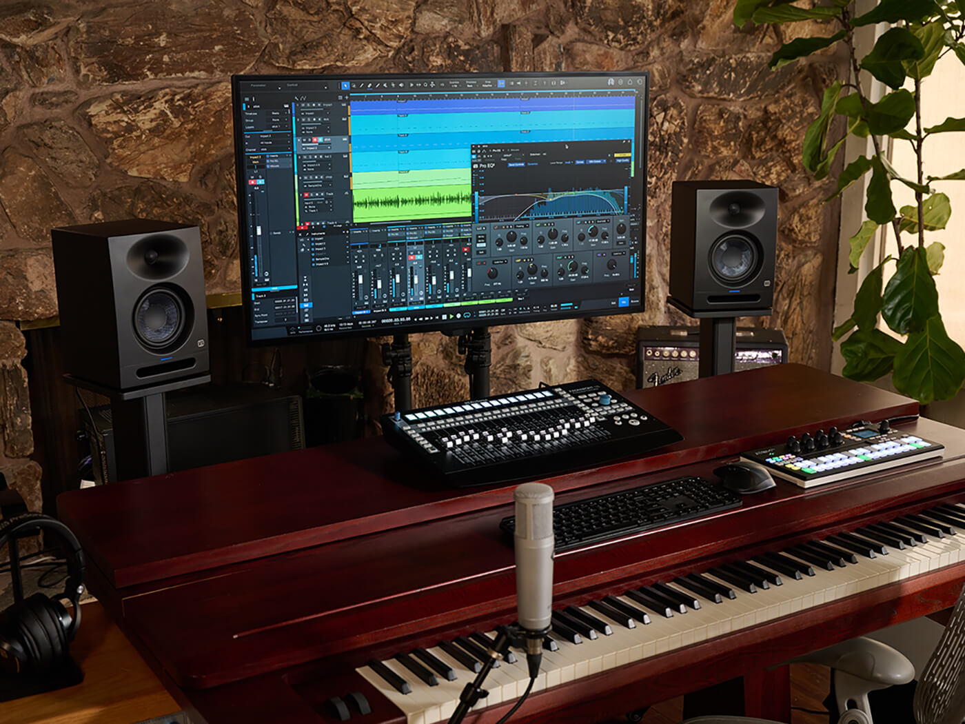 PreSonus Eris Studio 5 monitors on a desk in a home studio