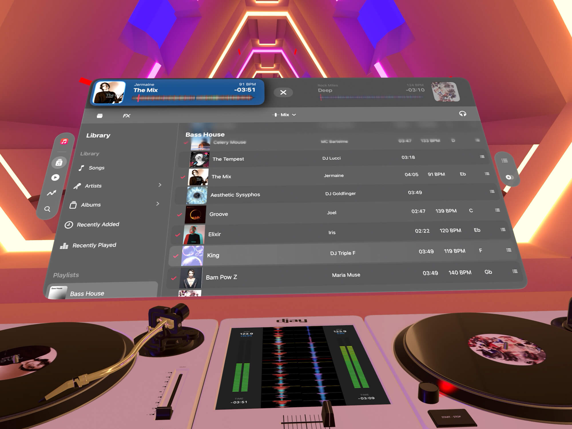 djay being used in Apple Vision Pro. It shows two turntables and a floating playlist of songs. There is also an immersive light show background behind the decks.