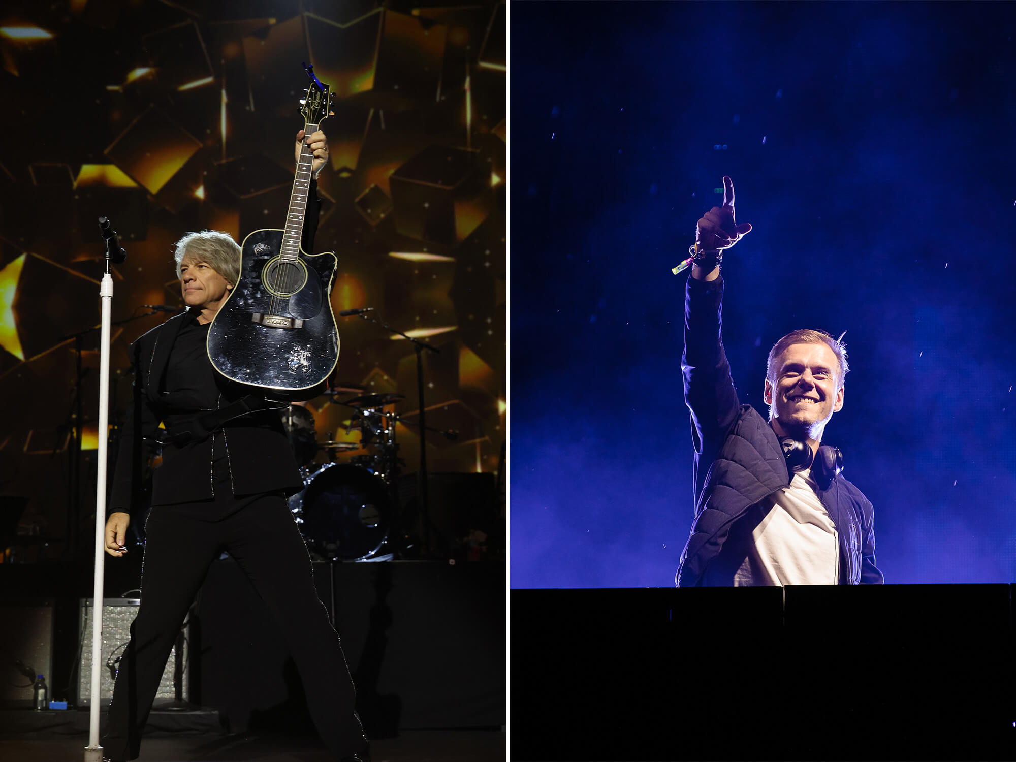 Jon Bon Jovi on stage (left) holding an acoustic guitar in the air. Admin Van Buuren on stage (right) behind the decks. He is smiling and has one arm pointing out into the crowd.