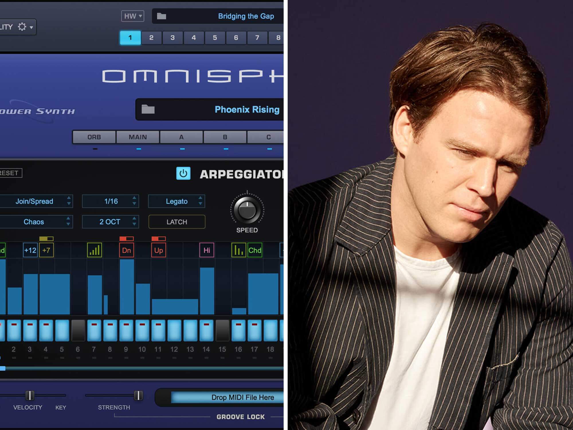 The Spectrasonics Omnisphere plugin on the left, and musican Tourist sat down on the right