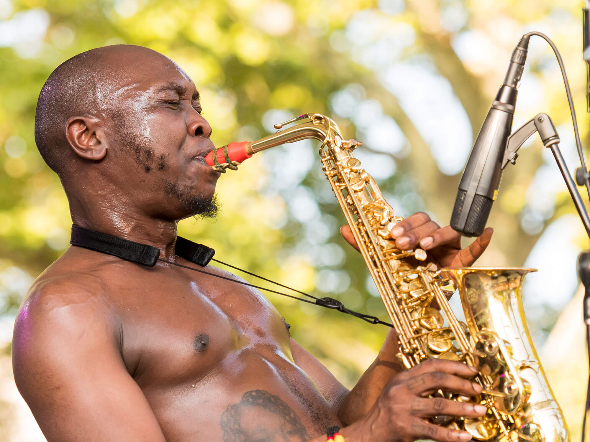 Nigerian musician Seun Kuti (born Oluseun Anikulapo Kuti) plays alto saxophone as he leads his group Egypt 80 during a performance at Central Park SummerStage, New York, New York, July 16, 2017. The concert was a tribute to Kuti's father and the original leader of Egypt 80, Afrobeat pioneer Fela Anikulapo-Kuti. 