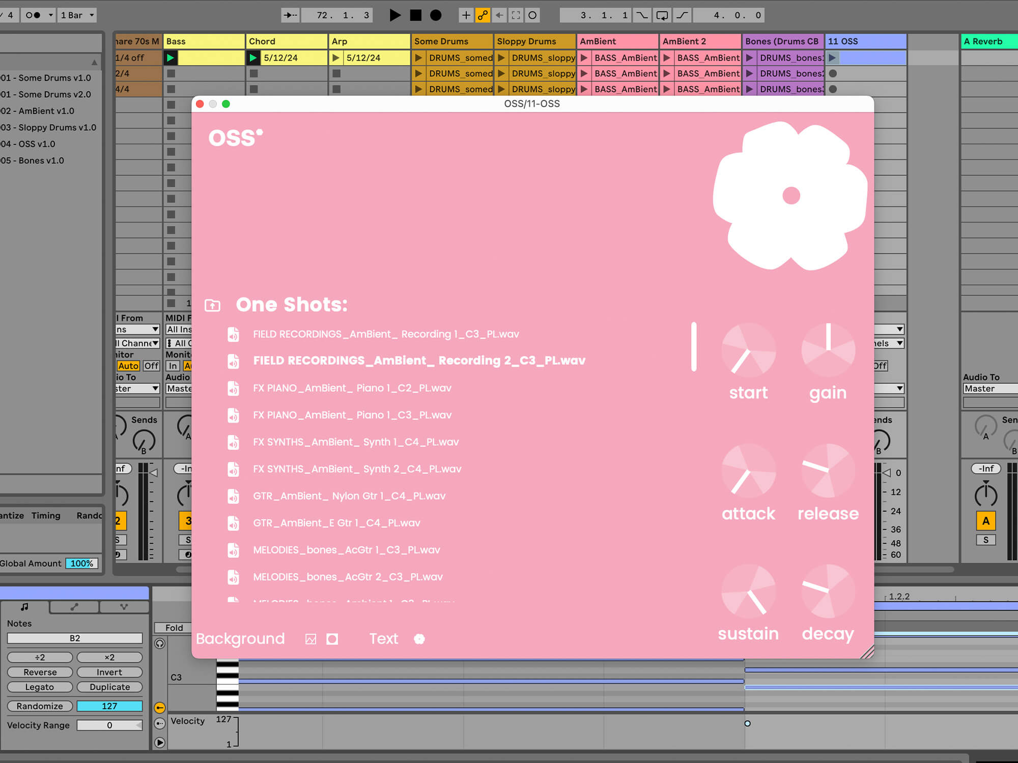OSS open in a DAW. It has a pink coloured interface and six dials.