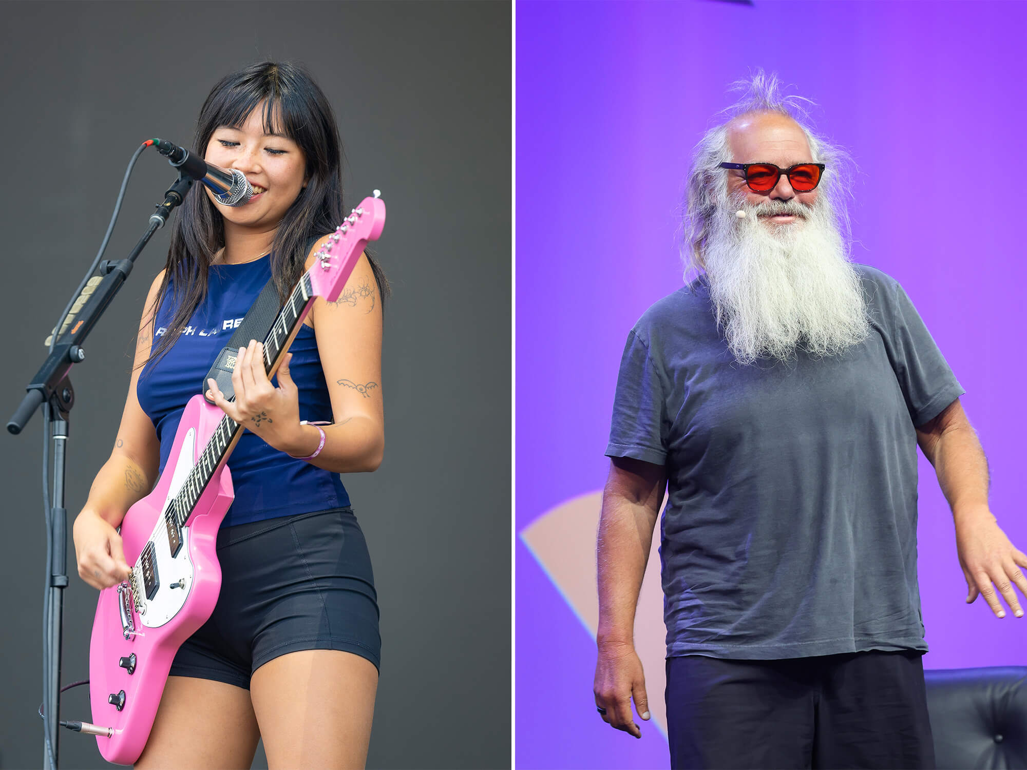 Beabadoobee (left) playing guitar on stage and smiling. Rick Rubin (right) pictured walking on to a stage, he is smiling and wearing red coloured glasses.